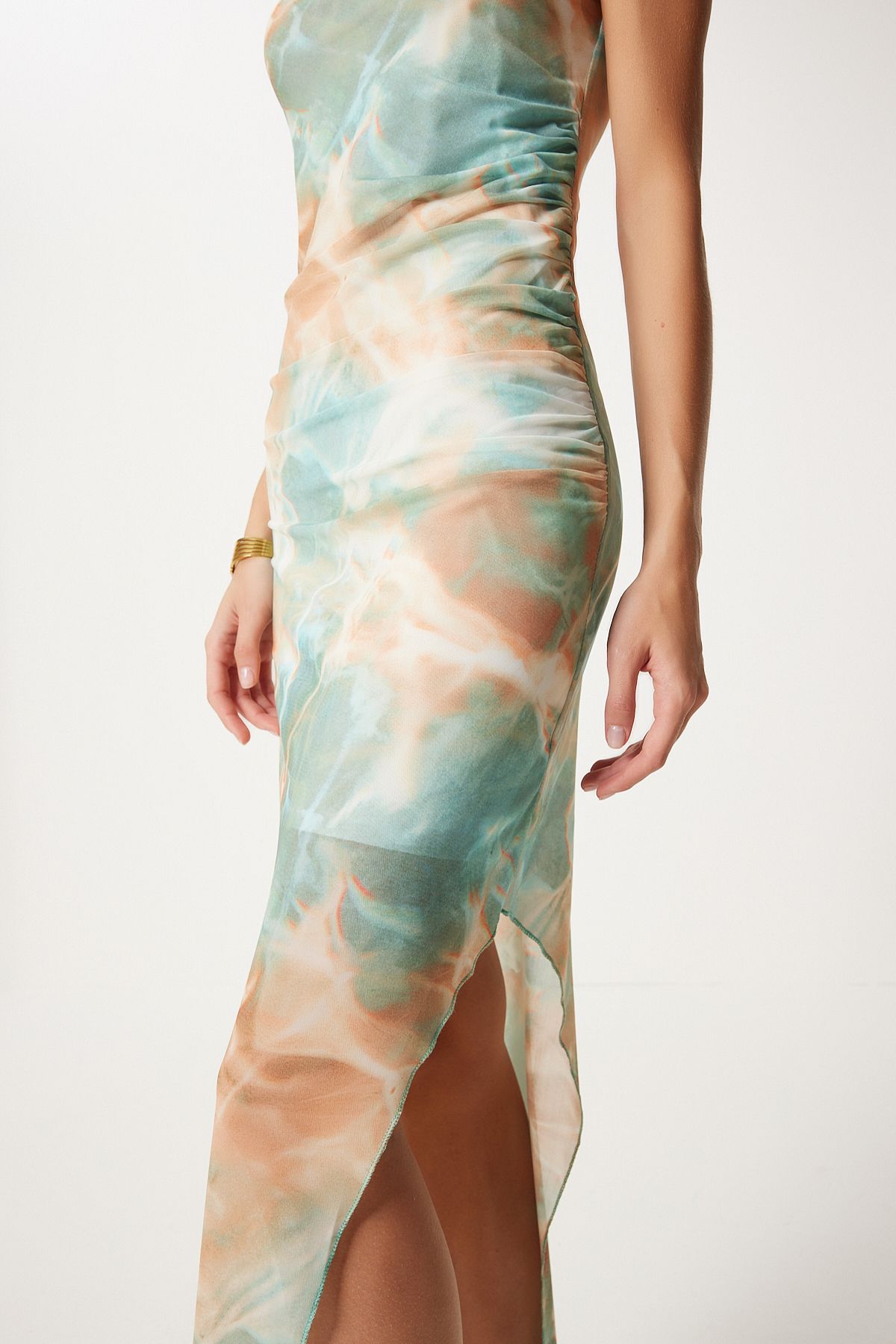Female Water Green One Shoulder Patterned Slit Tulle Dress FN03332