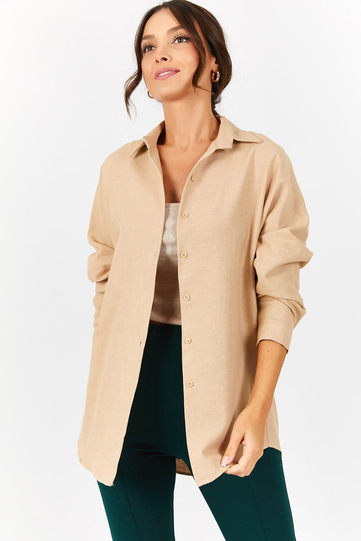 Woman Beige Oversize Long Basic Shirt ARM-221118