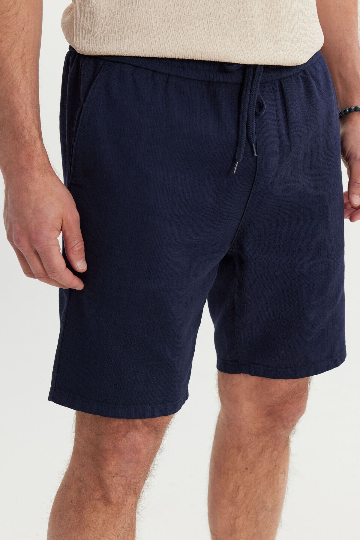 Men's Navy Blue 100 %Cotton Comfort Fit Waist Tied Flami Side Pocket Shorts