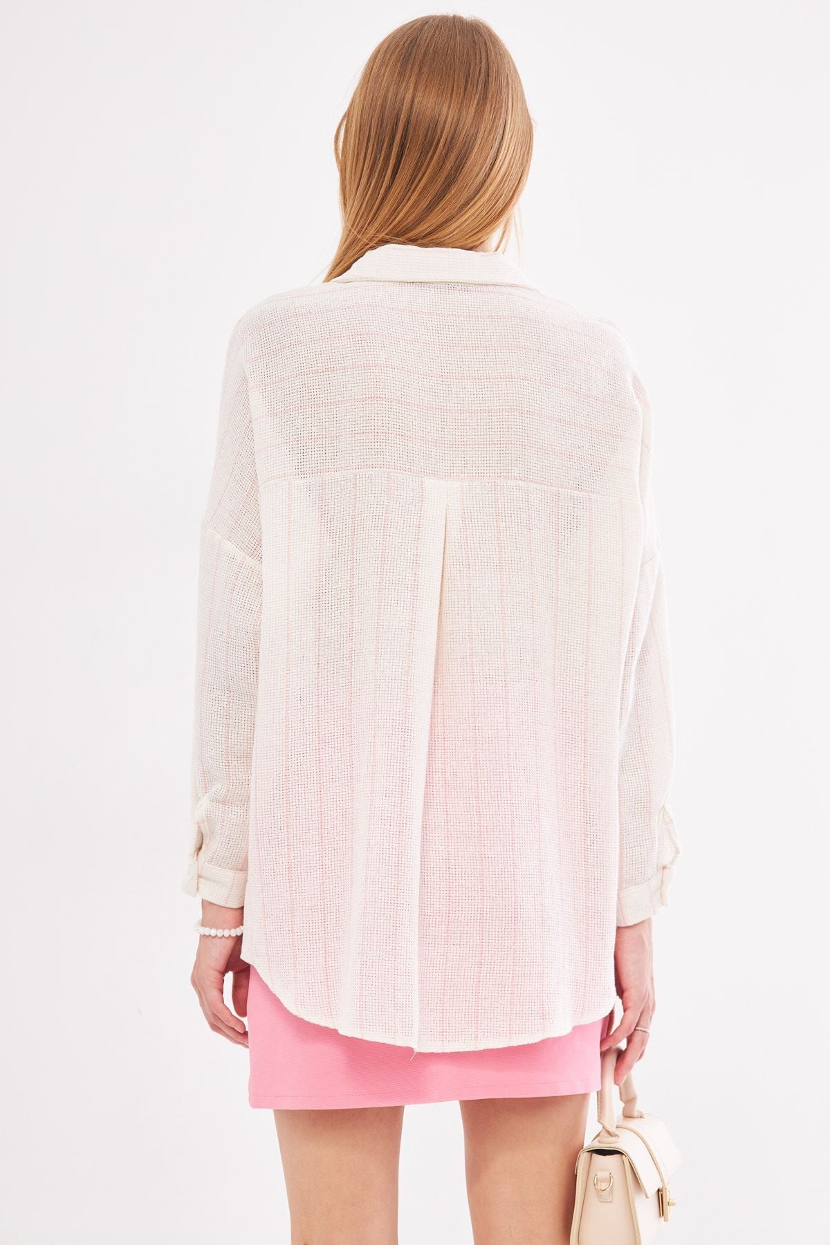 Female Powder Pink Long Sleeve Pocket Detailed Rigge Pleated Striped Oversize Shirt ARM-24Y001053