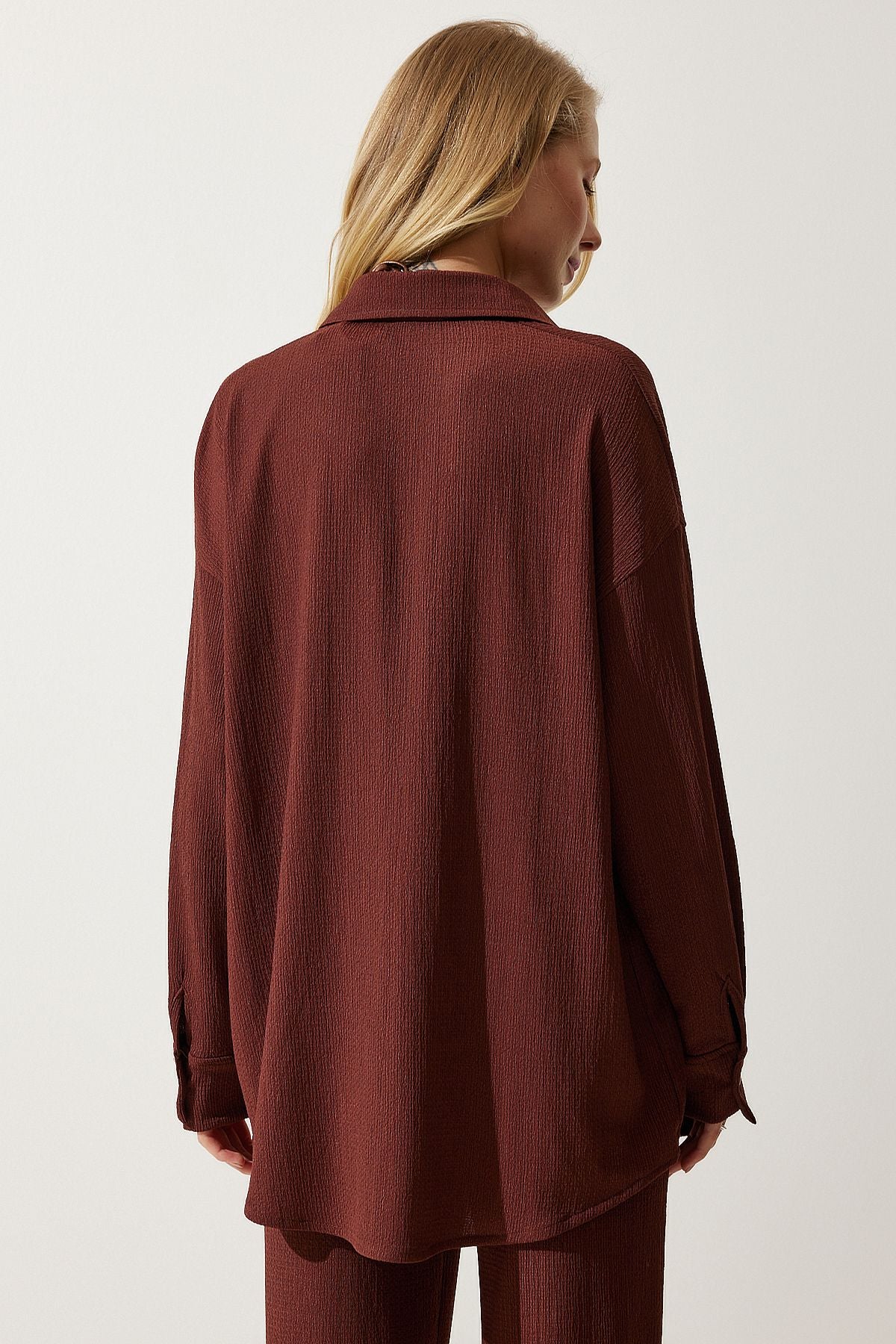 Female brown comfortable knitted shirt pants set KH00090