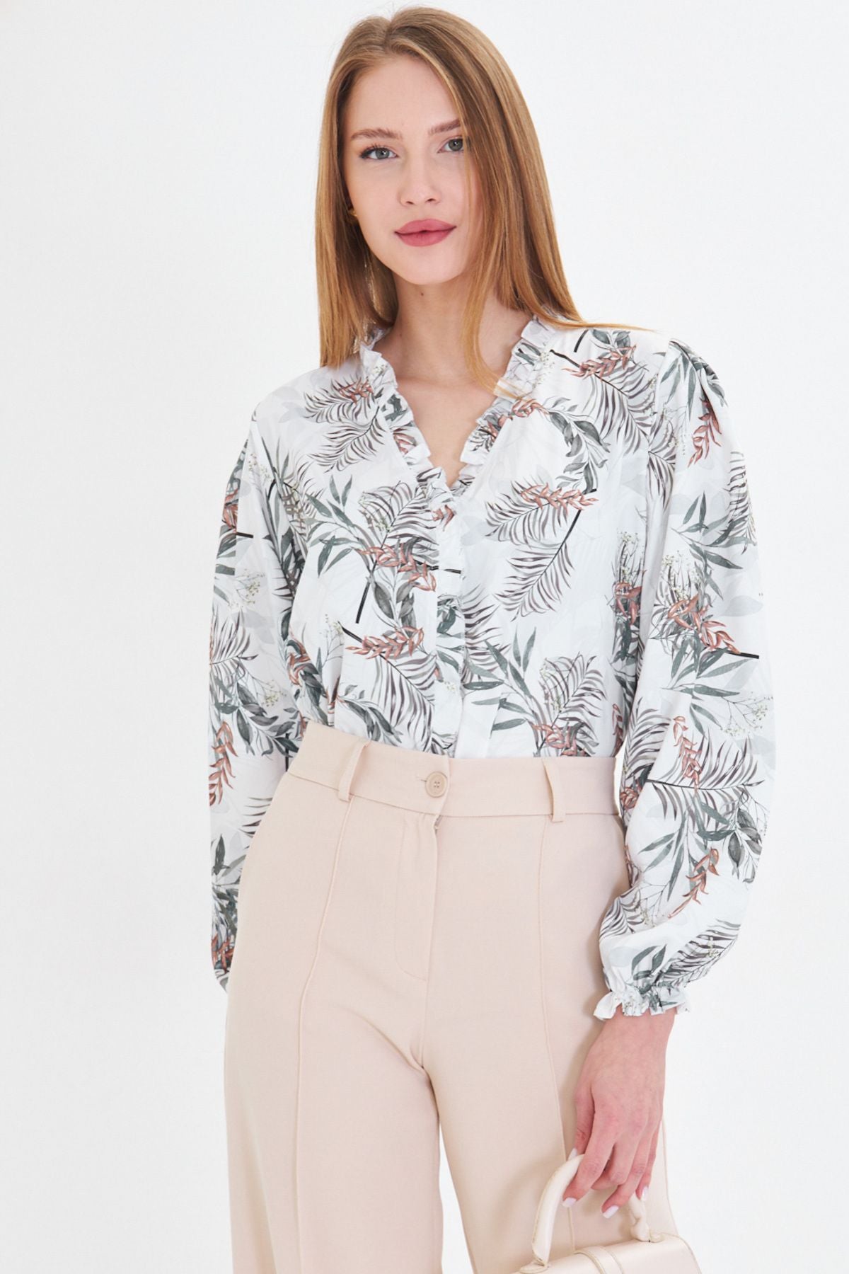 Female Khaki Yak and Ruffle Arms with Rubbins Long Sleeve Blouse ARM-25Y001015