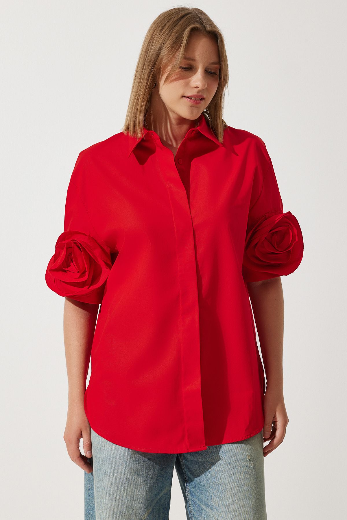 Woman Red Rose Accessory Oversize Design Cotton Premium Shirt FK00008