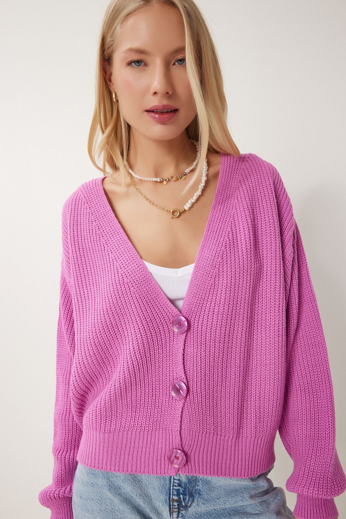 Woman Pink V -Neck Button Triko Cardigan MX00175
