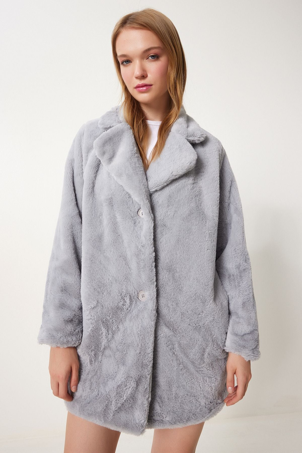 Women's Stone Gray Artificial Fur Coat Rv00072