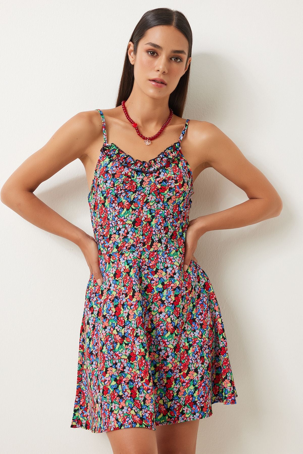 Woman Red Black Patterned Hanger Capulled Dress FN03193