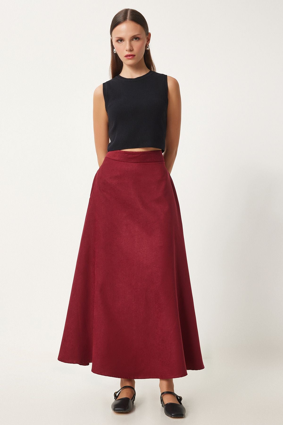 Female Bordeaux Pocket Jacquard Süet Kloş Skirt RG00045