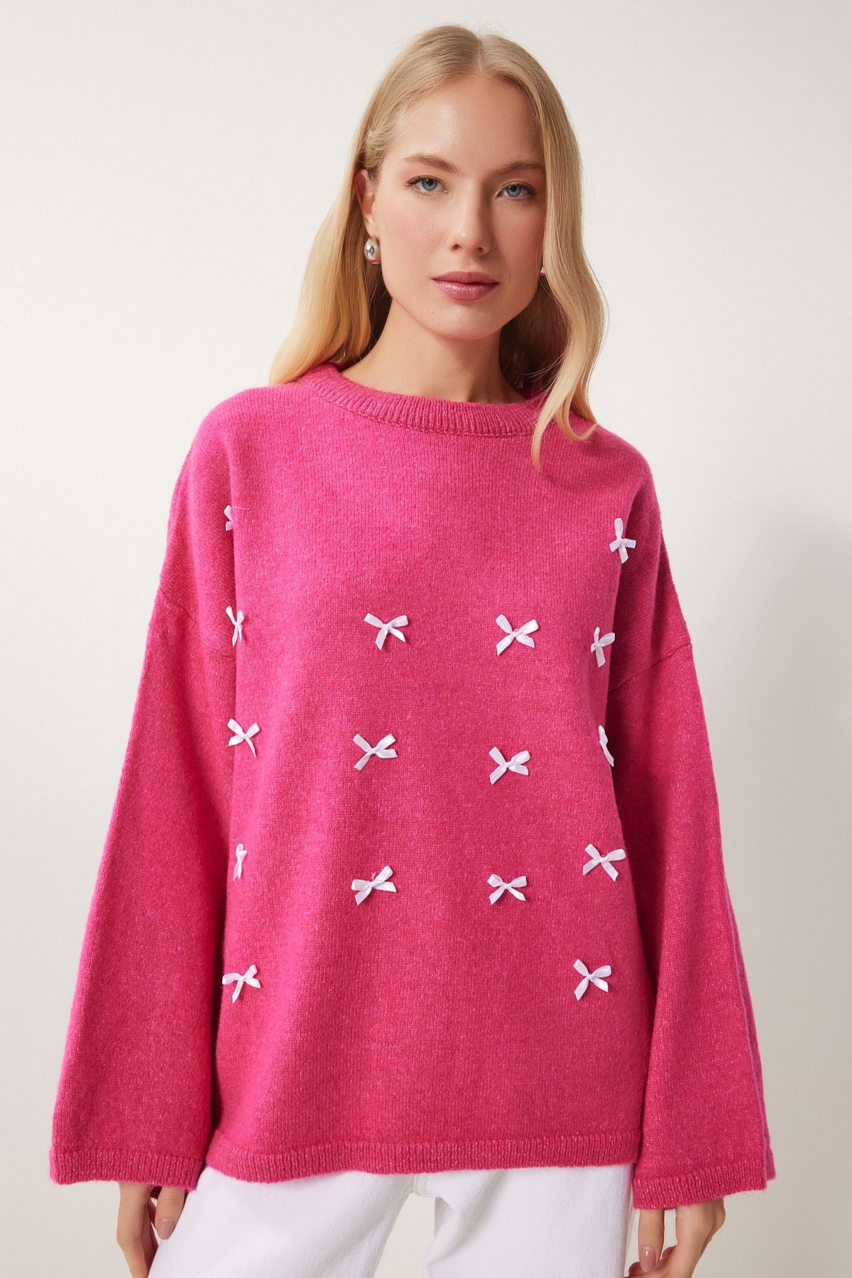 Woman Dark Pink Bow Detailed Oversize knitwear sweater KB00042