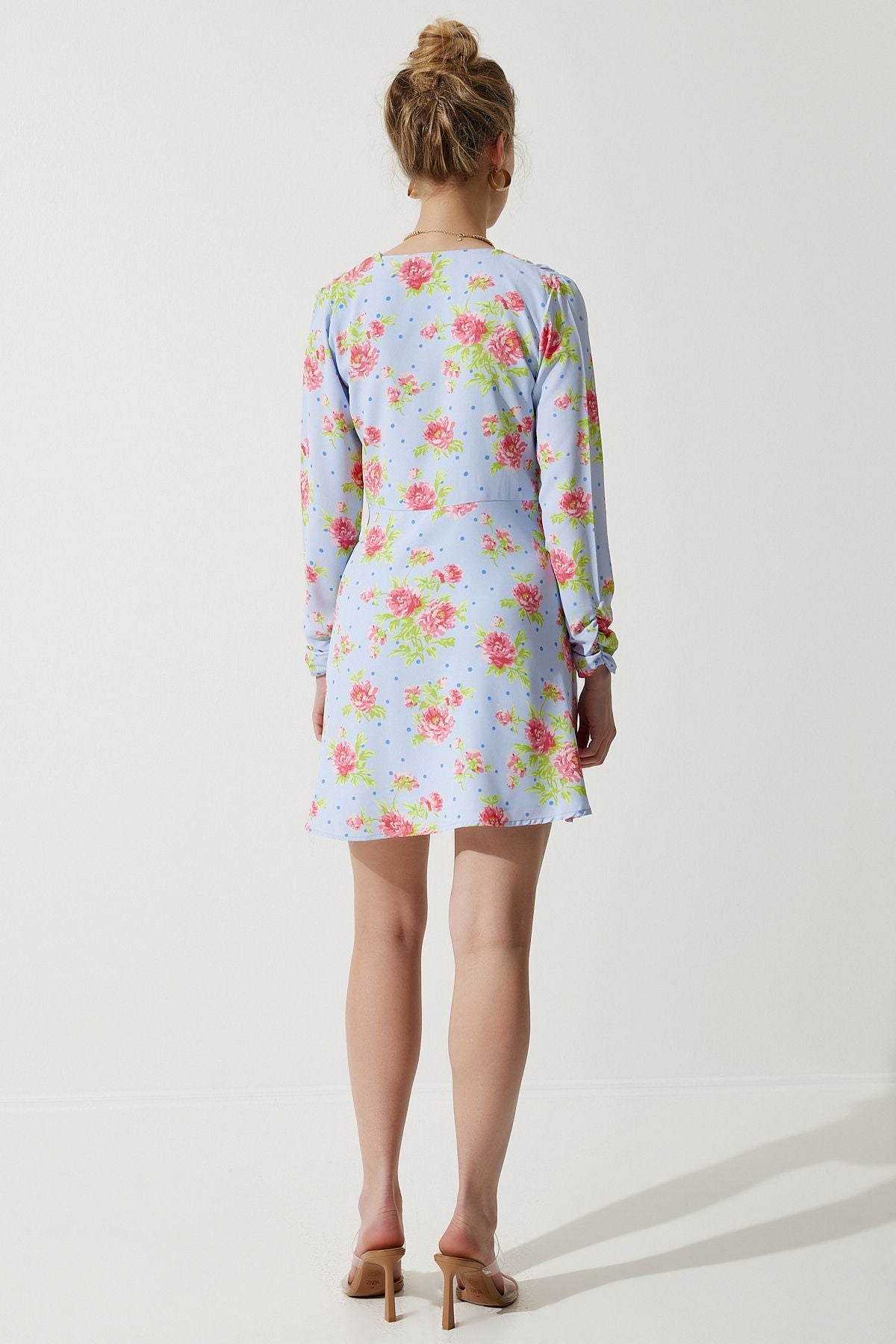 Woman Sky Blue Flower Mini Anvelop Chiffon Dress UB00274