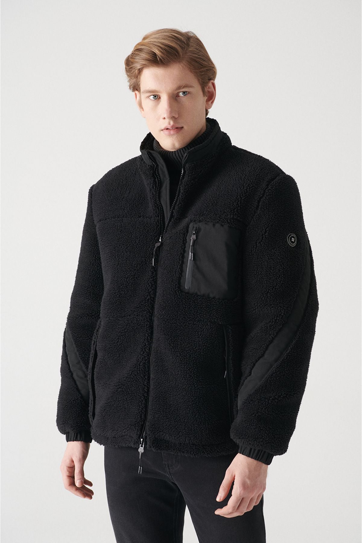 Men's black upright collar plush coat A22y6026
