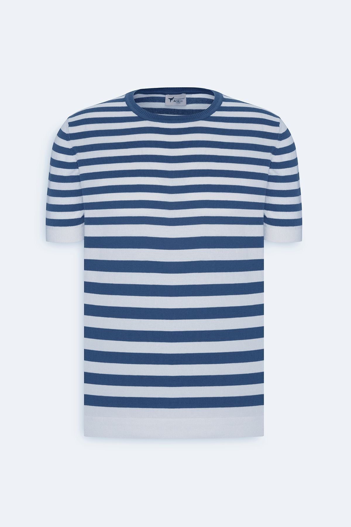 Men's Navy-White Slim Fit Narn Cut 100 %Cotton Striped Bicycle Yaka Triko T-shirt