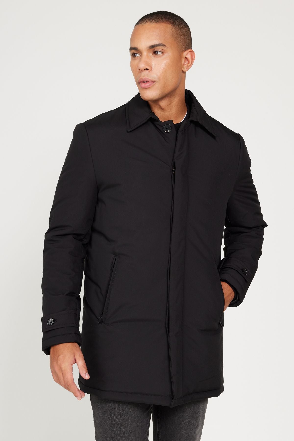 Men's black standard fit fit normal cut shirt collar coat