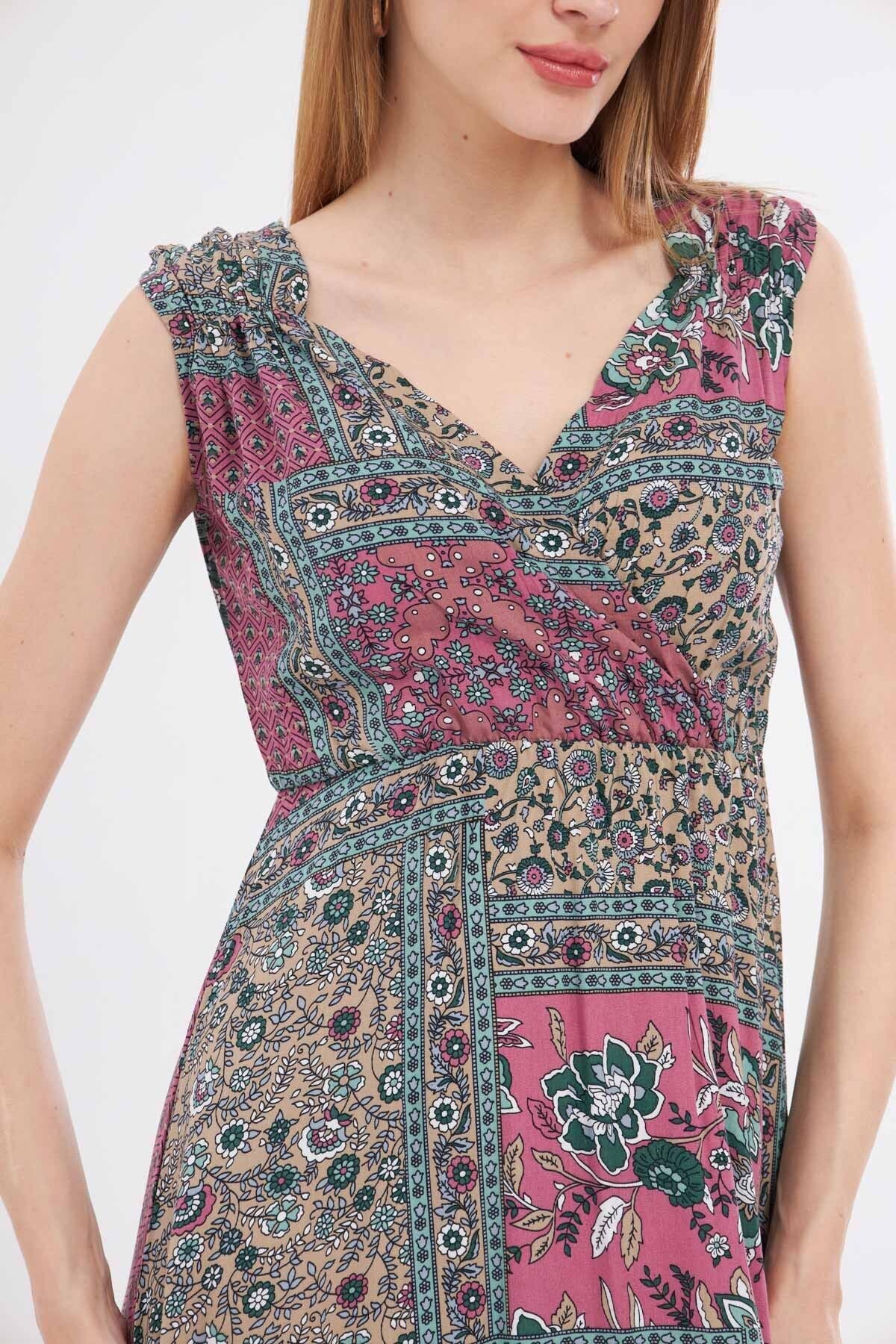 Female mink patterned waist and shoulder tire-cruve collar midi size dress ARM-24Y001052