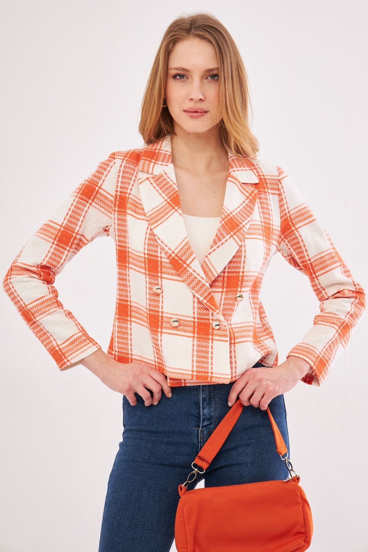 Women's Orange-White Cruishery Yaka Tüvit Crop Jacket ARM-24K001014