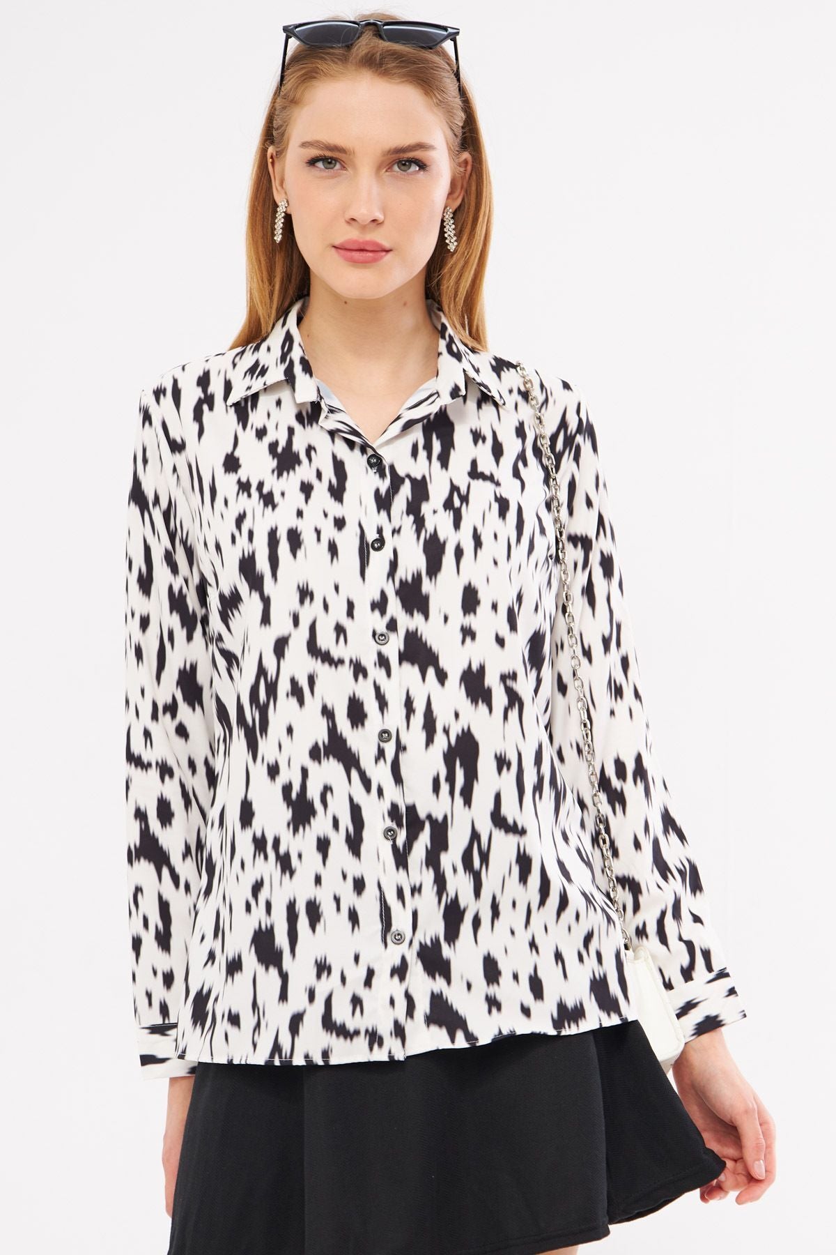 Women's Beige-Black Patterned Long Sleeve Shirt ARM-24K001017