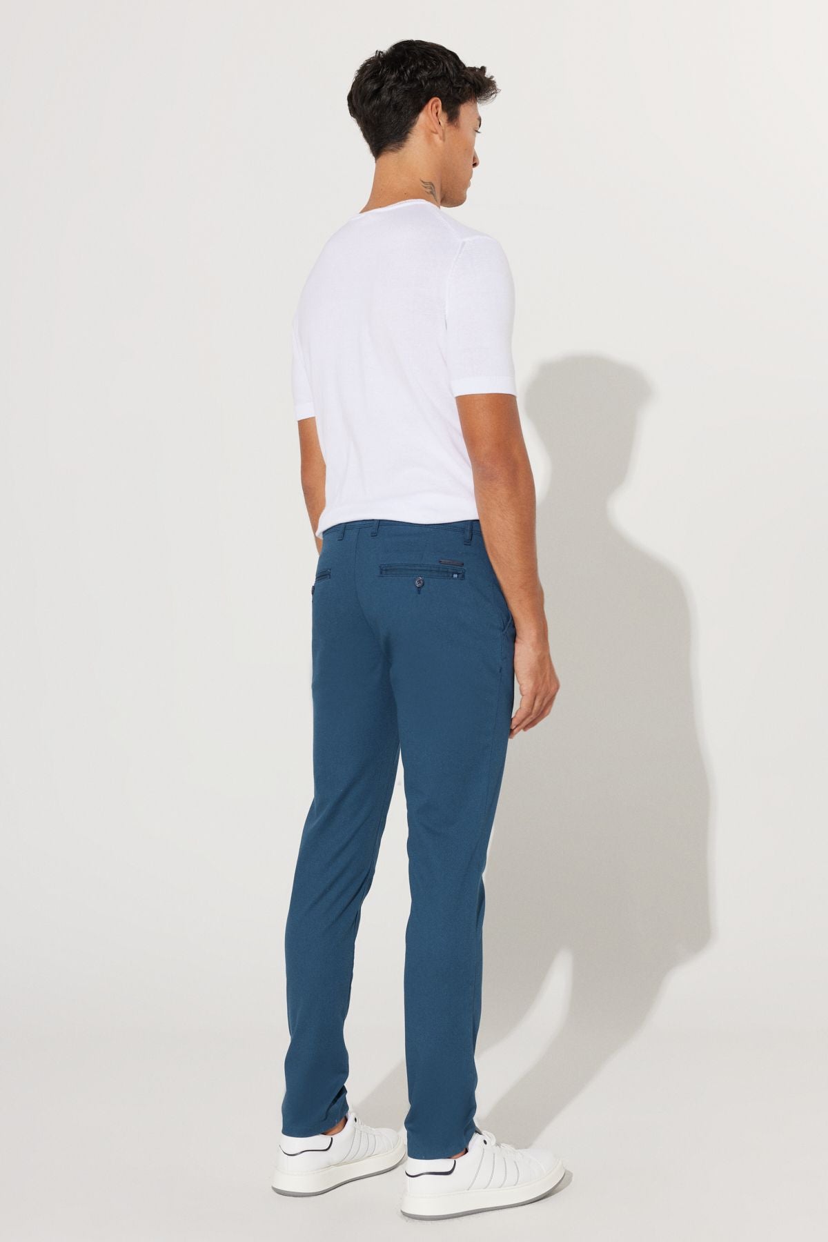 Men's indigo slim fit narrow cut cotton flexible relaxed trousers