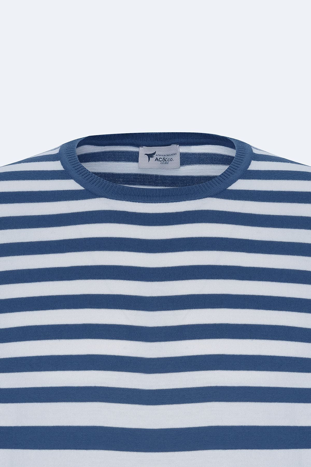 Men's Navy-White Slim Fit Narn Cut 100 %Cotton Striped Bicycle Yaka Triko T-shirt