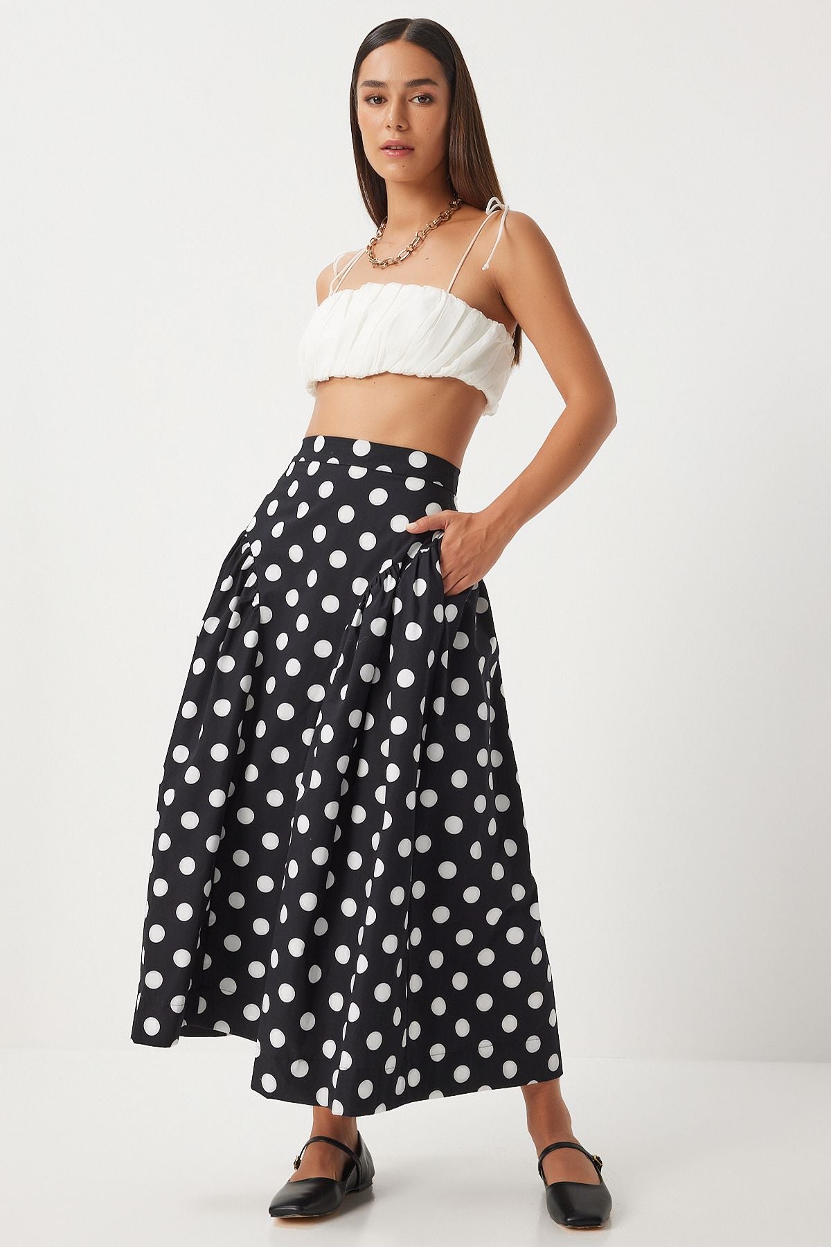 Women's black polka dot summer poplin skirt wf00078