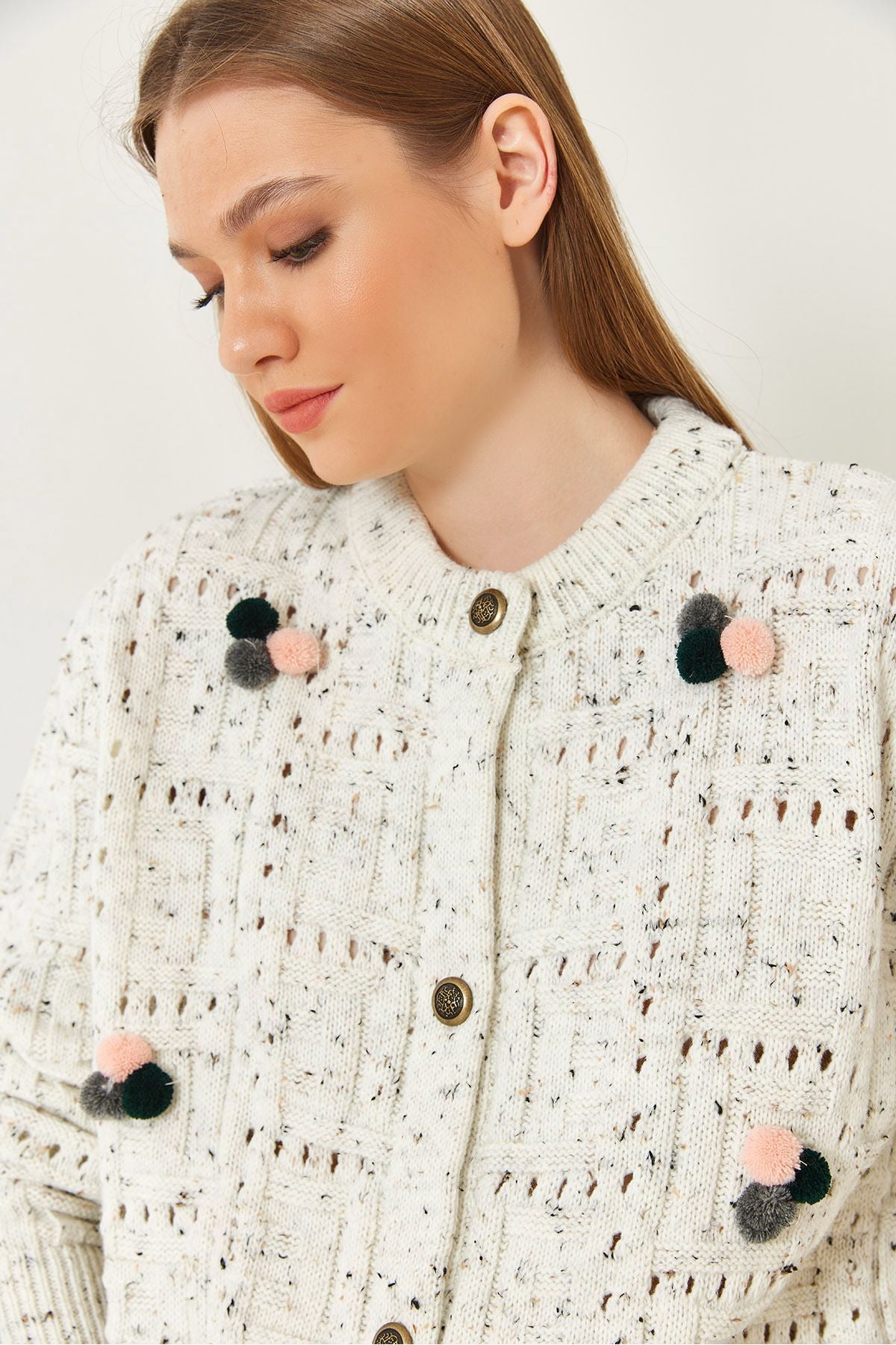 Female pompom patterned knitwear cardigan 20246270