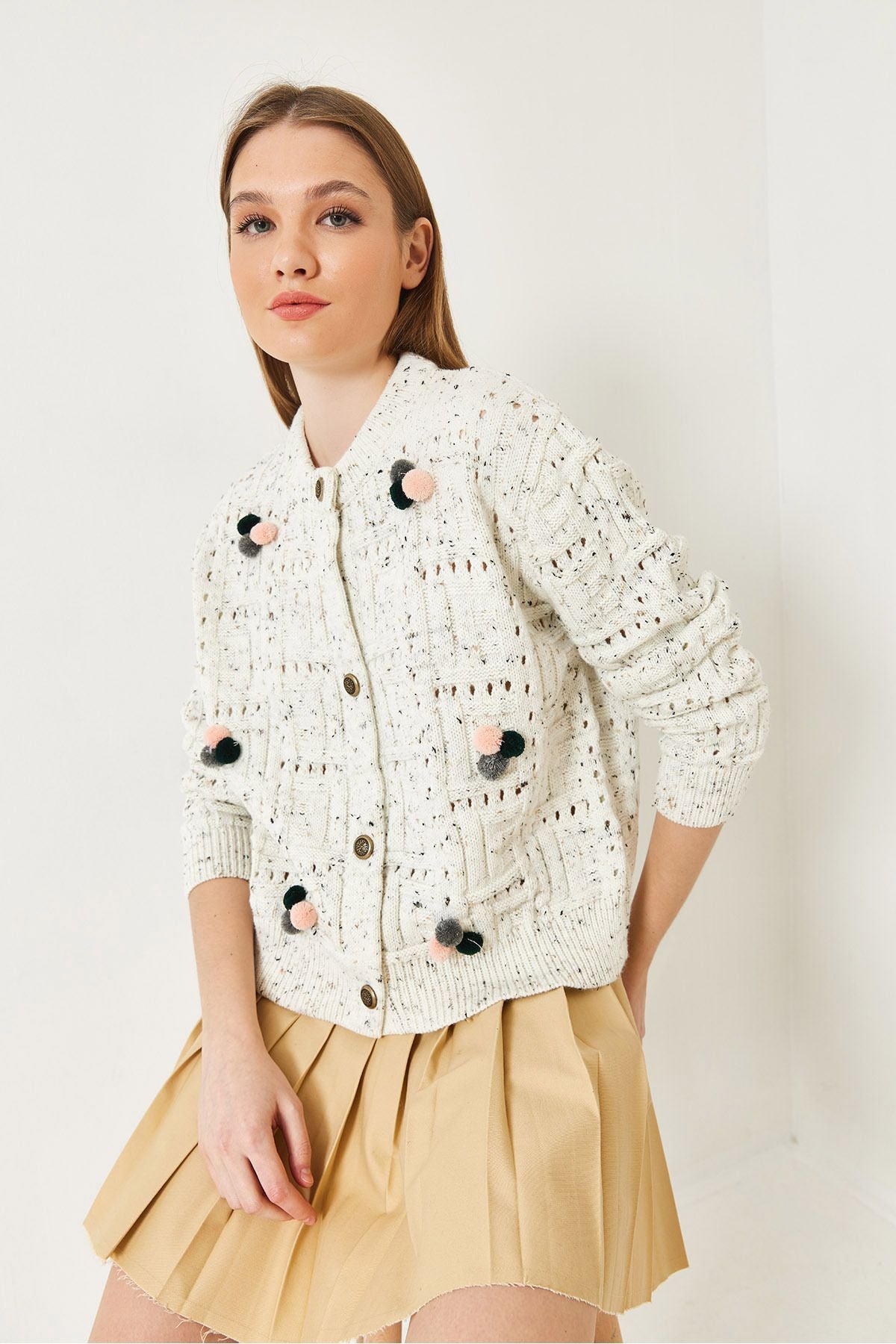 Female pompom patterned knitwear cardigan 20246270