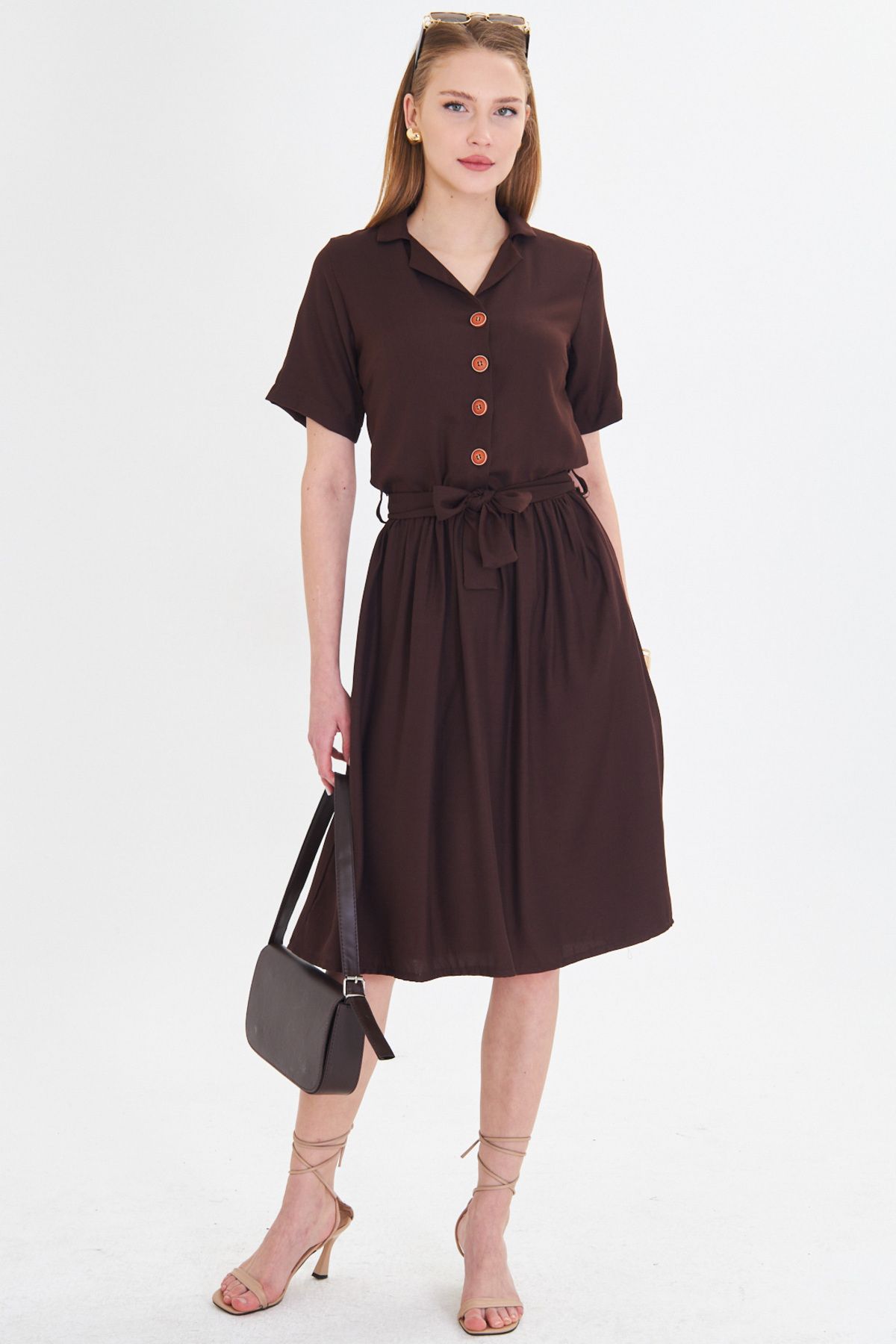 Woman Dark Brown front buttoned waist shirred belt midi size dress ARM-24Y001068