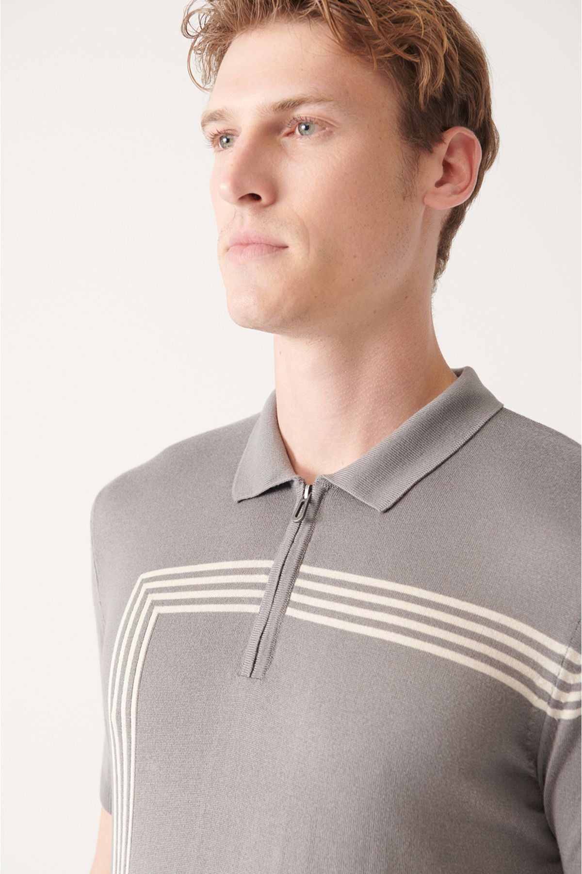 Men's Gray Zipper Line Detailed Polo Yaka Triko T-Shirt A31y5127