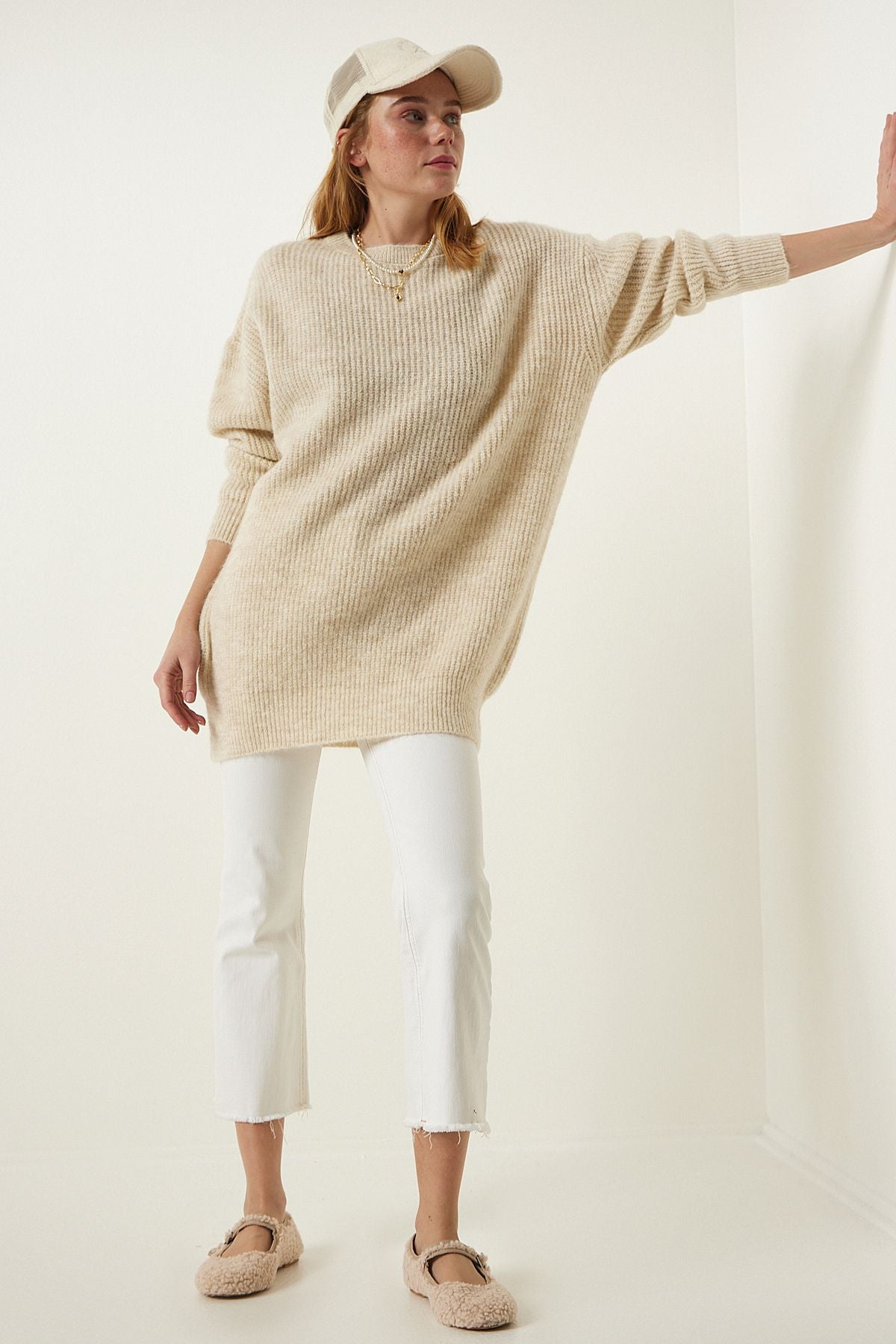 Cream Oversize Long Basic Knitwear Sweater BV00099