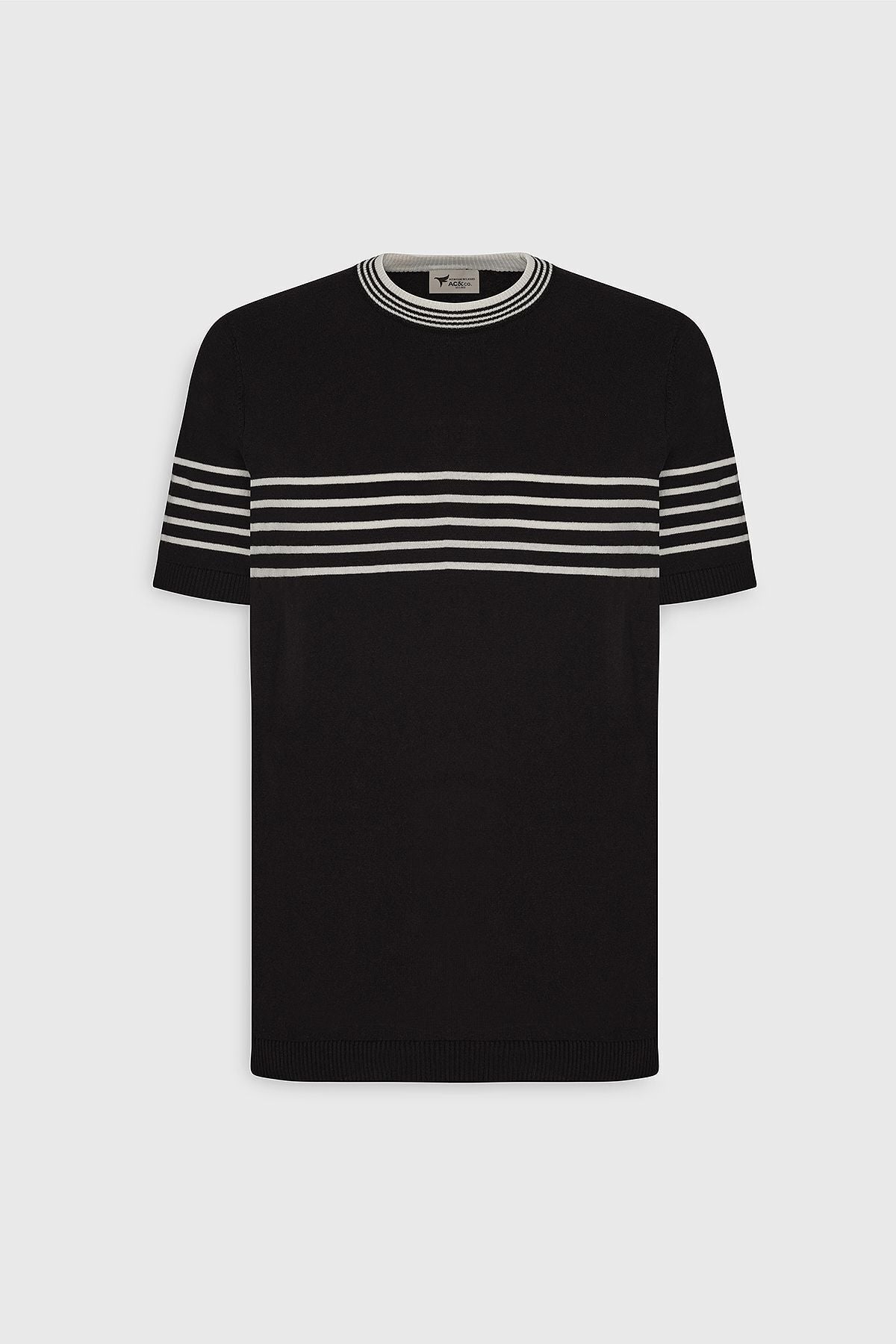 Men's black-and-white standard fit normal cut 100 %cotton striped bike collar knitwear t-shirt