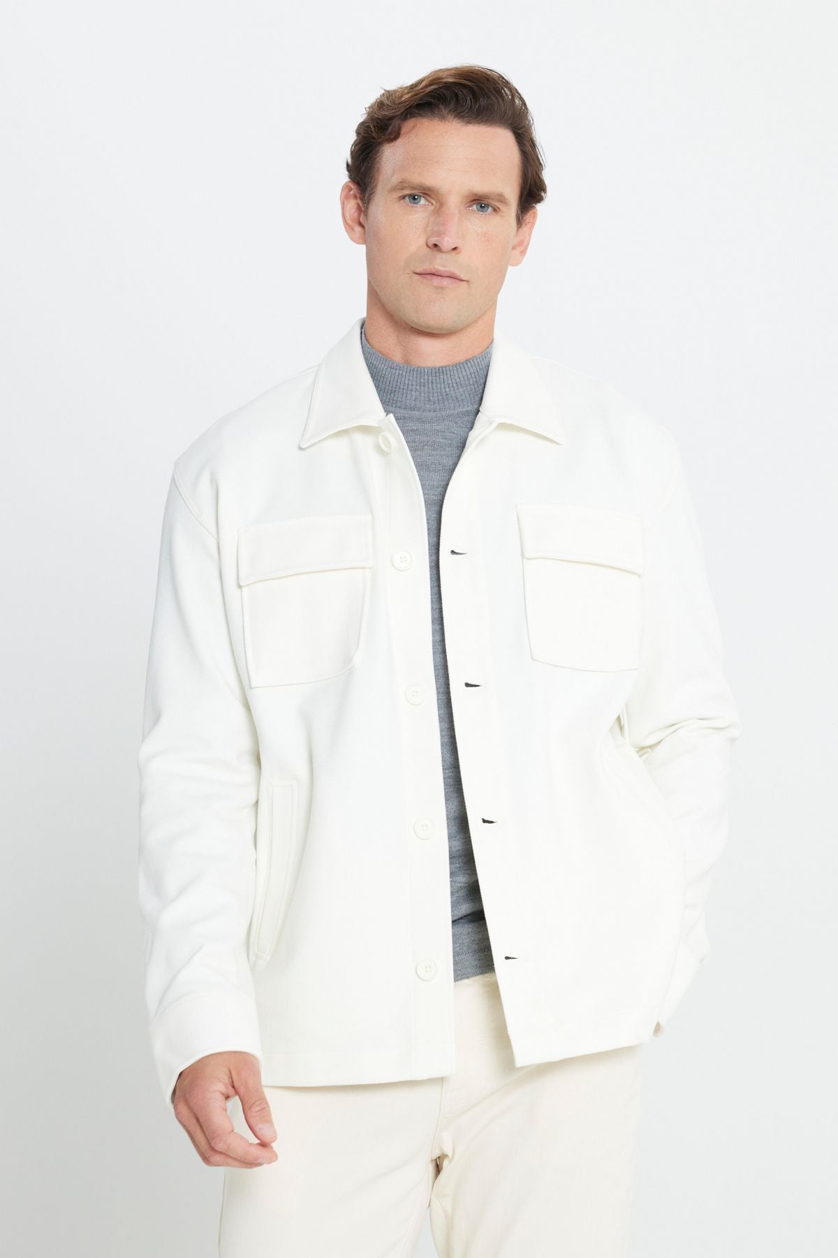 Men's Ecru Oversizte Fit Plenty Classic Collar Cotton Patterned Shirt Jacket