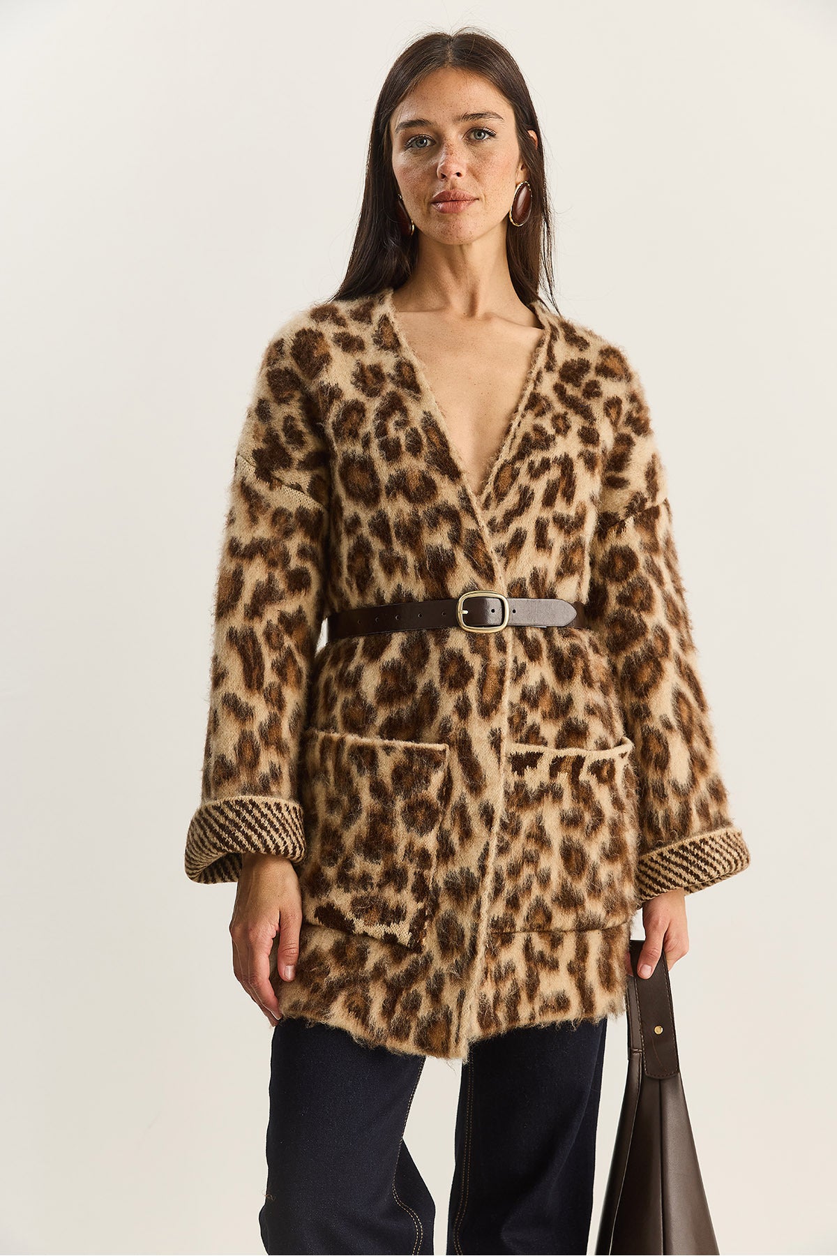 Women's Pocket Detailed Patterned Oversize Rose Gold Knitted Cardigan 20251101