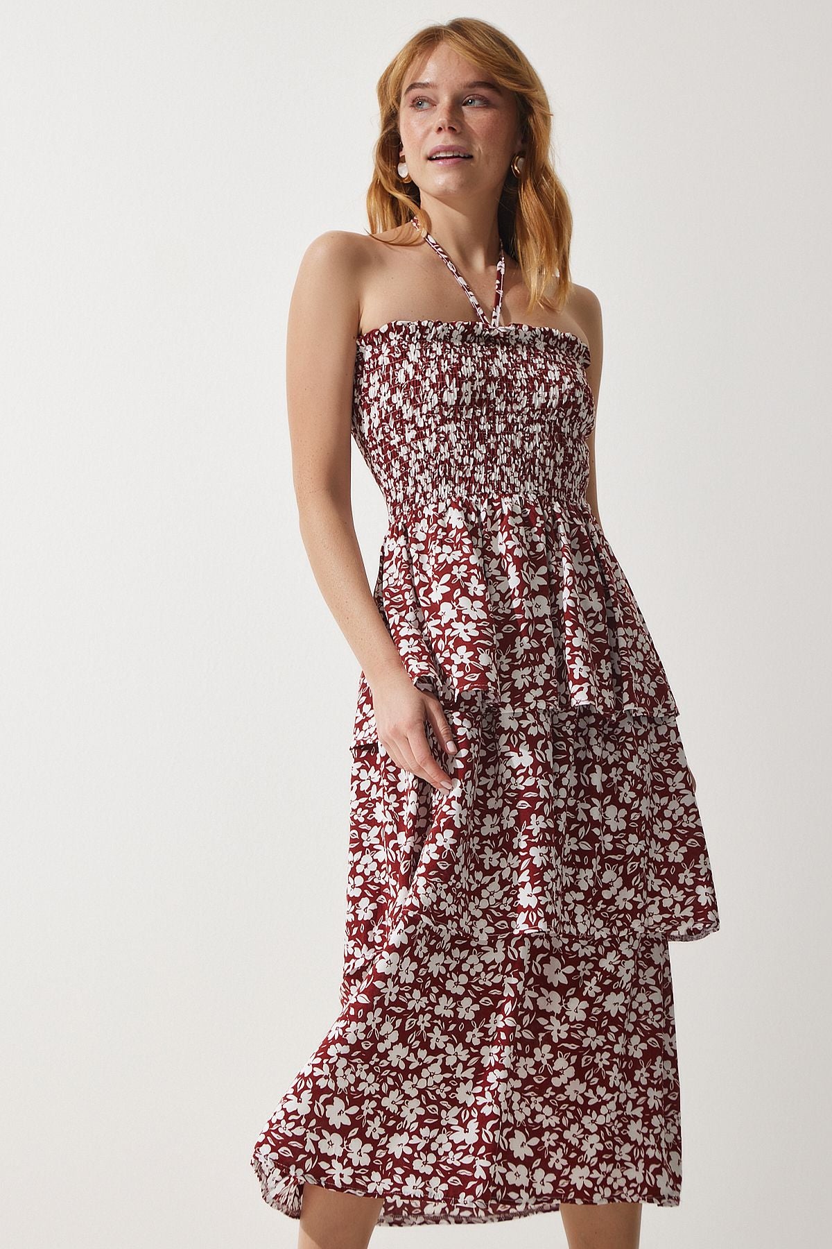 Female Brown Flower Volan summer viscose dress ub00226