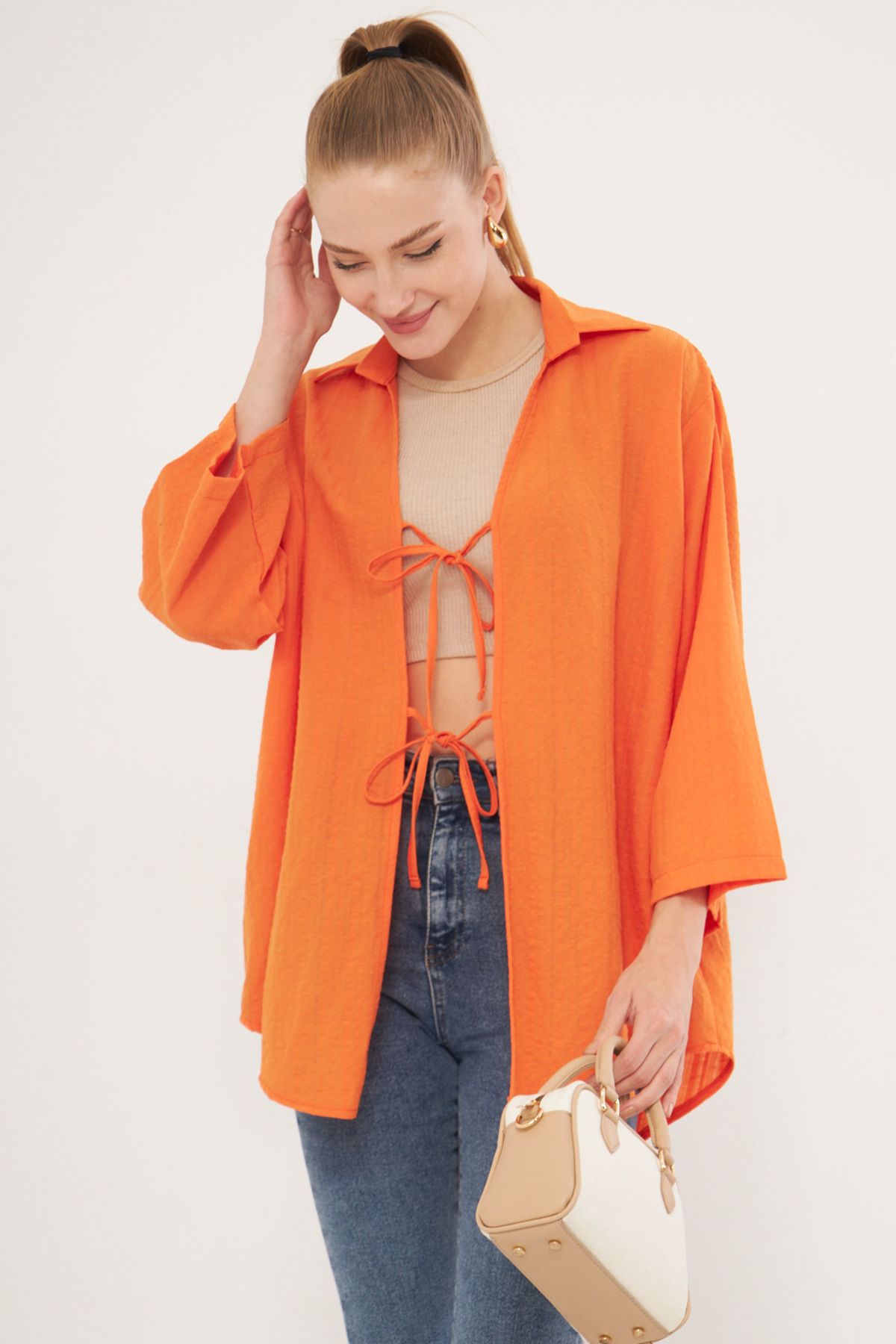 Women's Orange Shirt Collar with Lacked Kimono Shirt ARM-25K001006