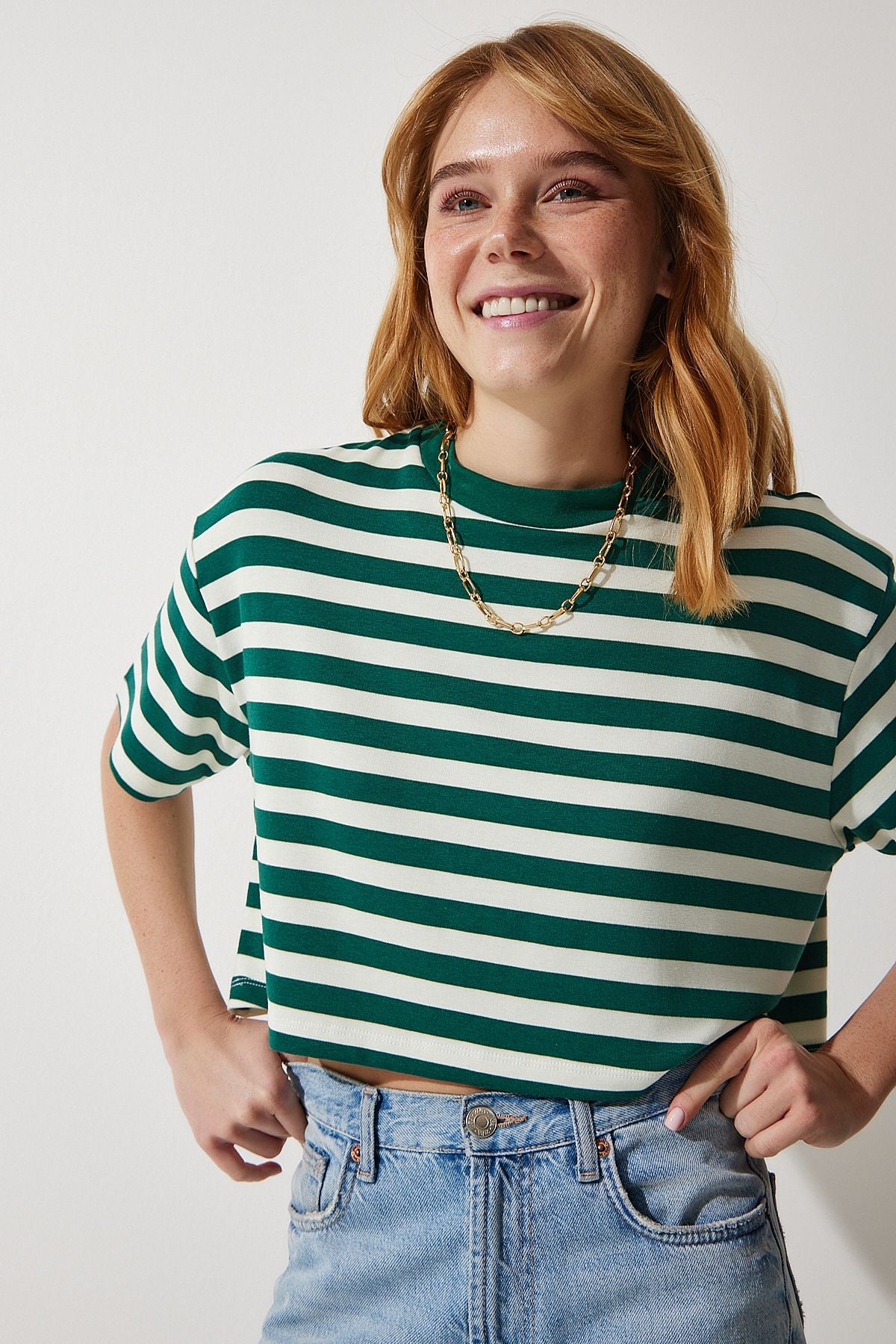 Woman Dark Green Bicycle Collar Striped Crop knitting T-shirt CR00427