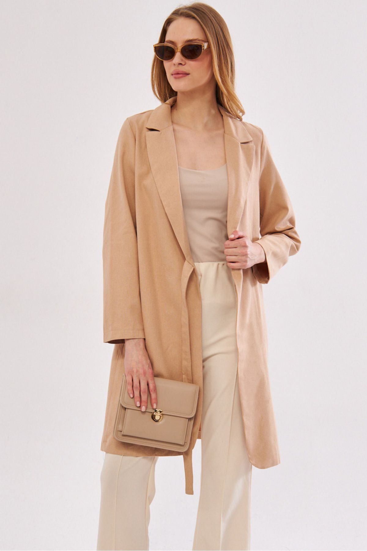 Female Beige Side Ties Long Coat ARM-24Y001019