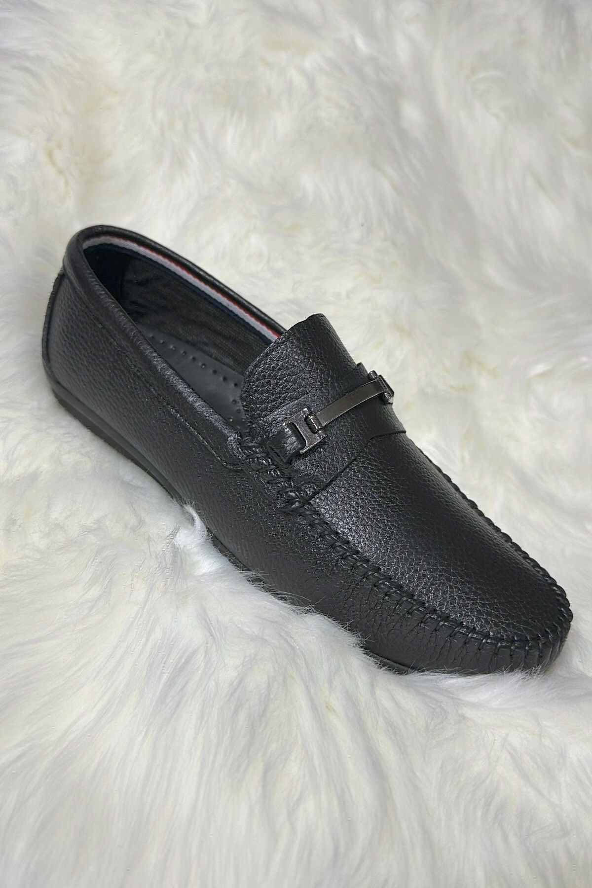 Daily Men's Genuine Leather Black Flipped Slip Stellet Casual Classic Shoes Casual 600 - 601 - 603