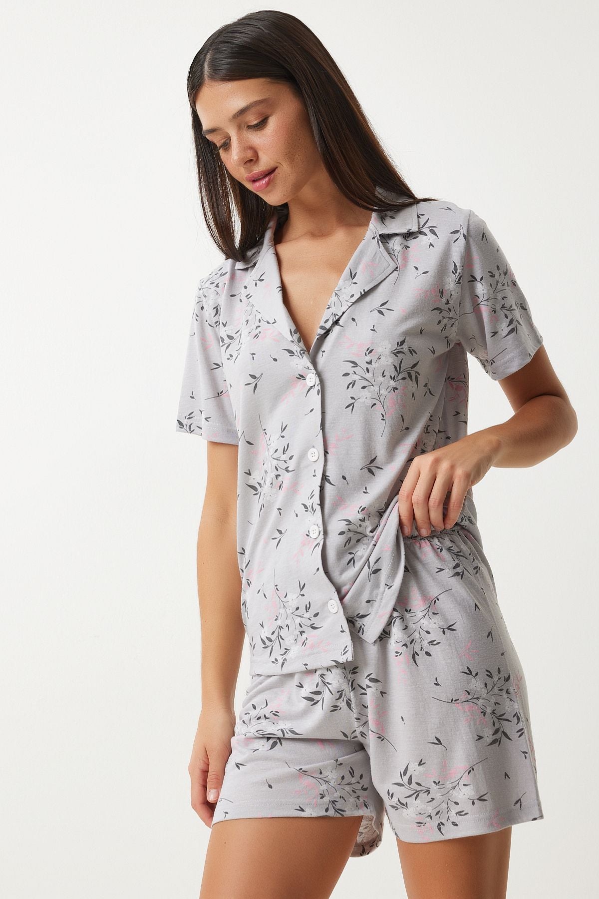 Female Gray Patterned Viscose Shirt Shirt Pajama Set EC00044