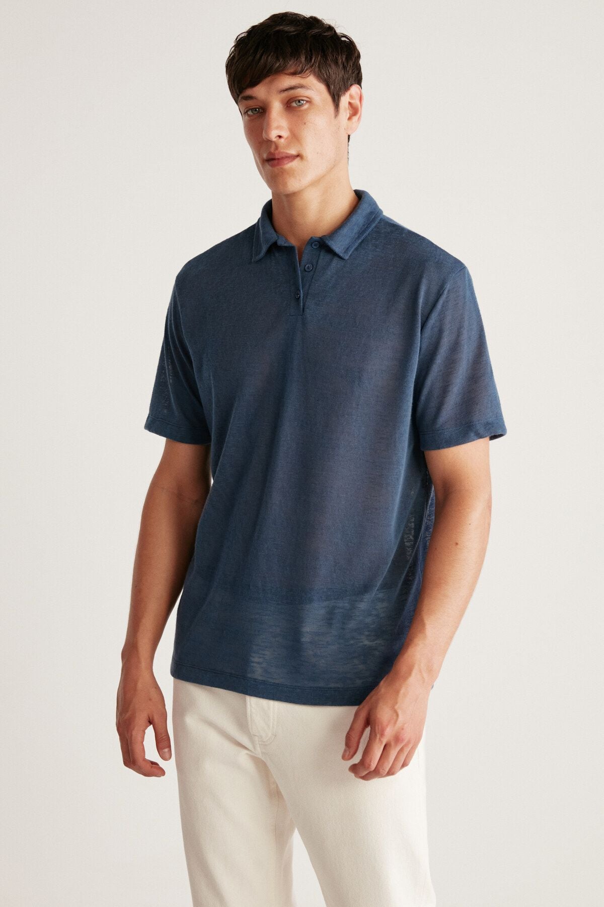 TOBY Men's Polo Linen-Looking Tiril Tiril Fabric Navy Blue Polo Yaka T-shirt