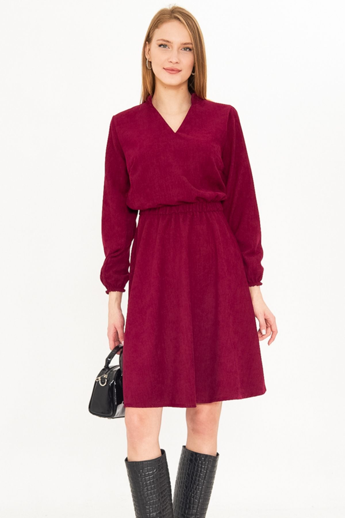 Female Plum Velvet V-Yaka Waist Fine Wick with Rubber Clash Dress ARM-25K001049