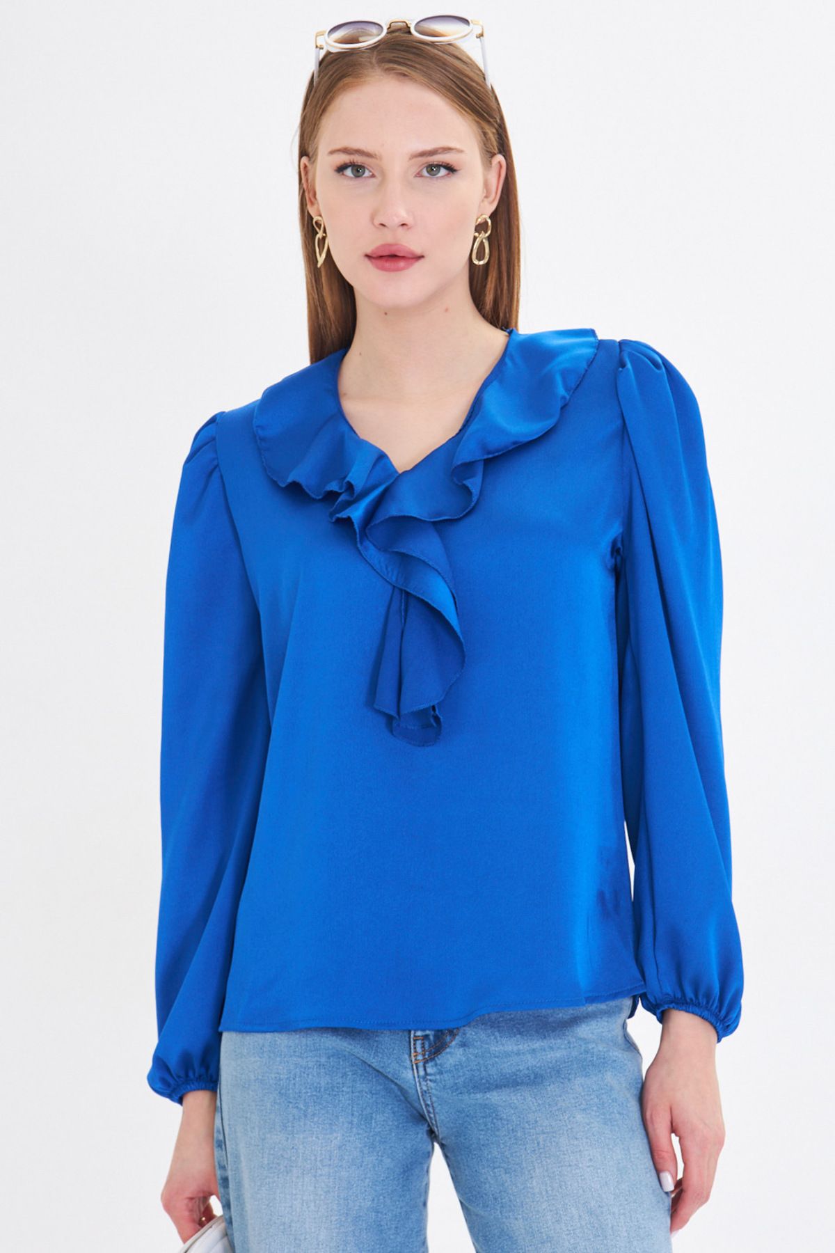 WOMEN'S SPRING YAKLIZLI WRITTEN SHOOTED HANDLED HAND RAST COTTON SATIN BLOSE ARM-22K001059