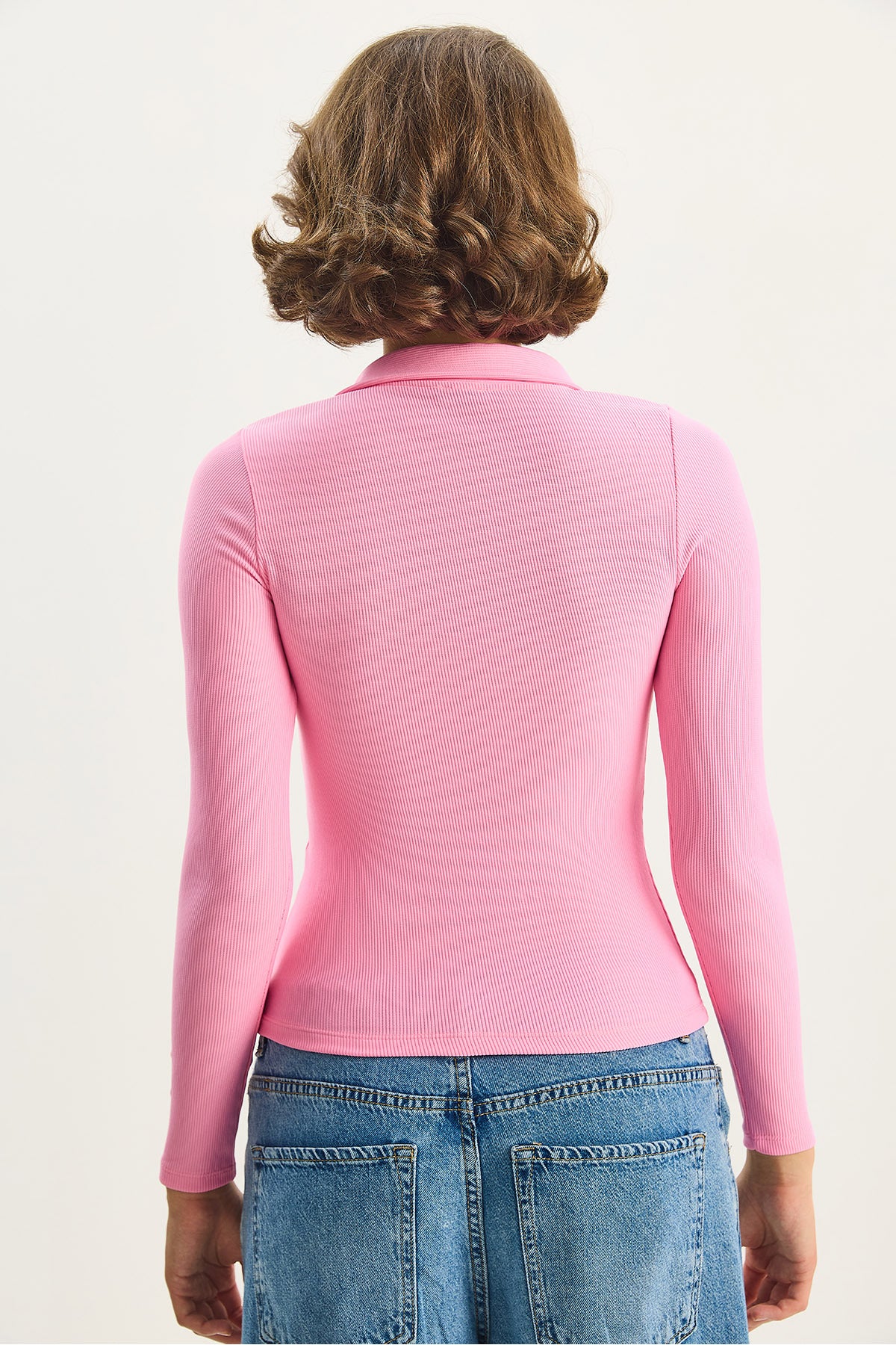 Women's Body-hugging Half Zipper Corded Lycra Polo Neck Basic Blouse 8073 60283602