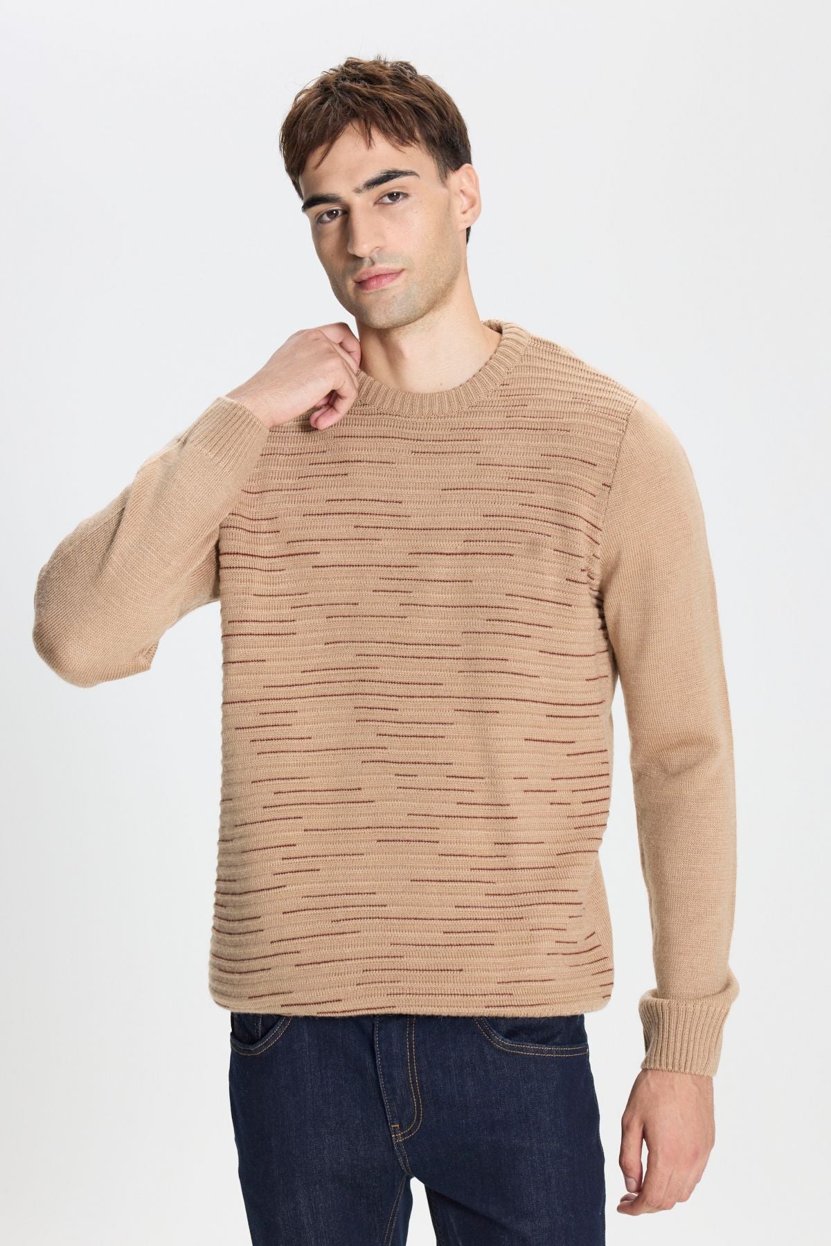 Men's Beige-Cyrest Standard Fit Normal Cut Cycling Bike Patterned Knitwear Kazakh