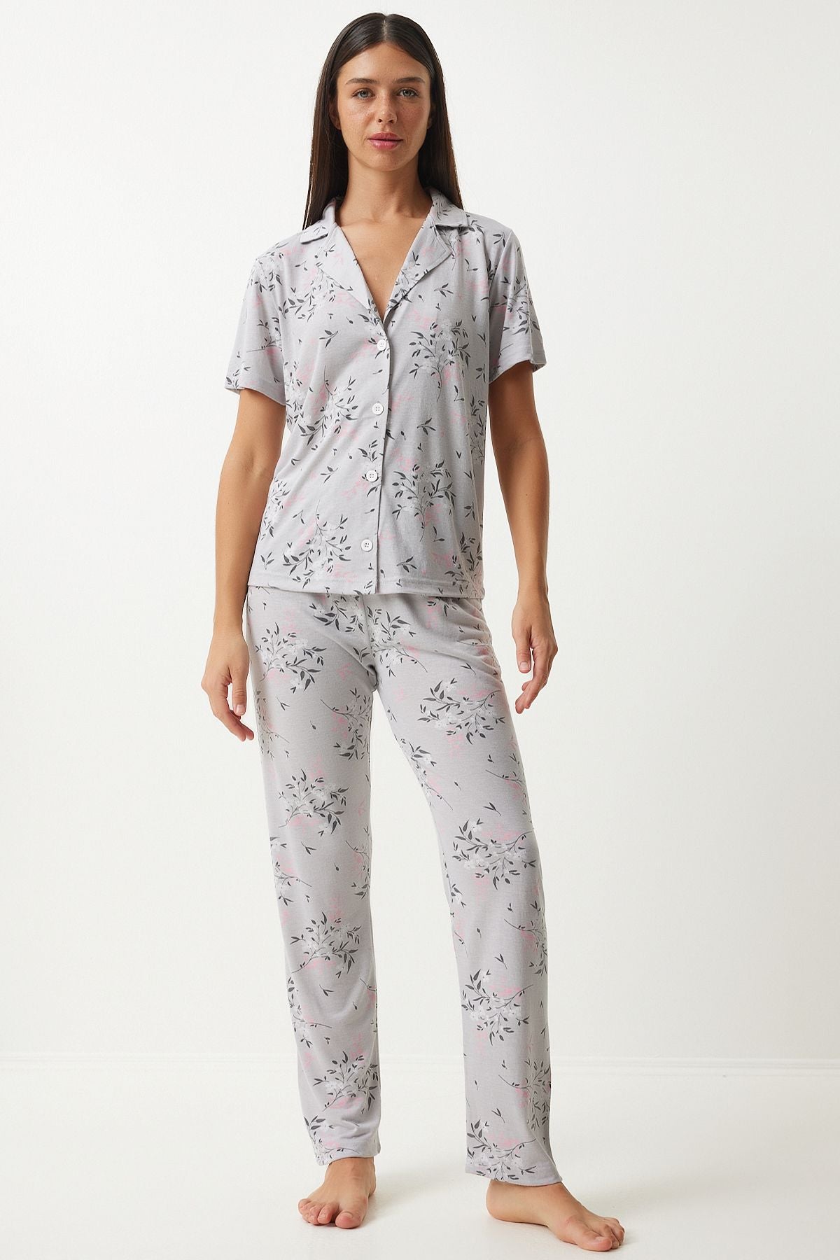 Female Gray Patterned Shirt Pants Pajama Set EC00043