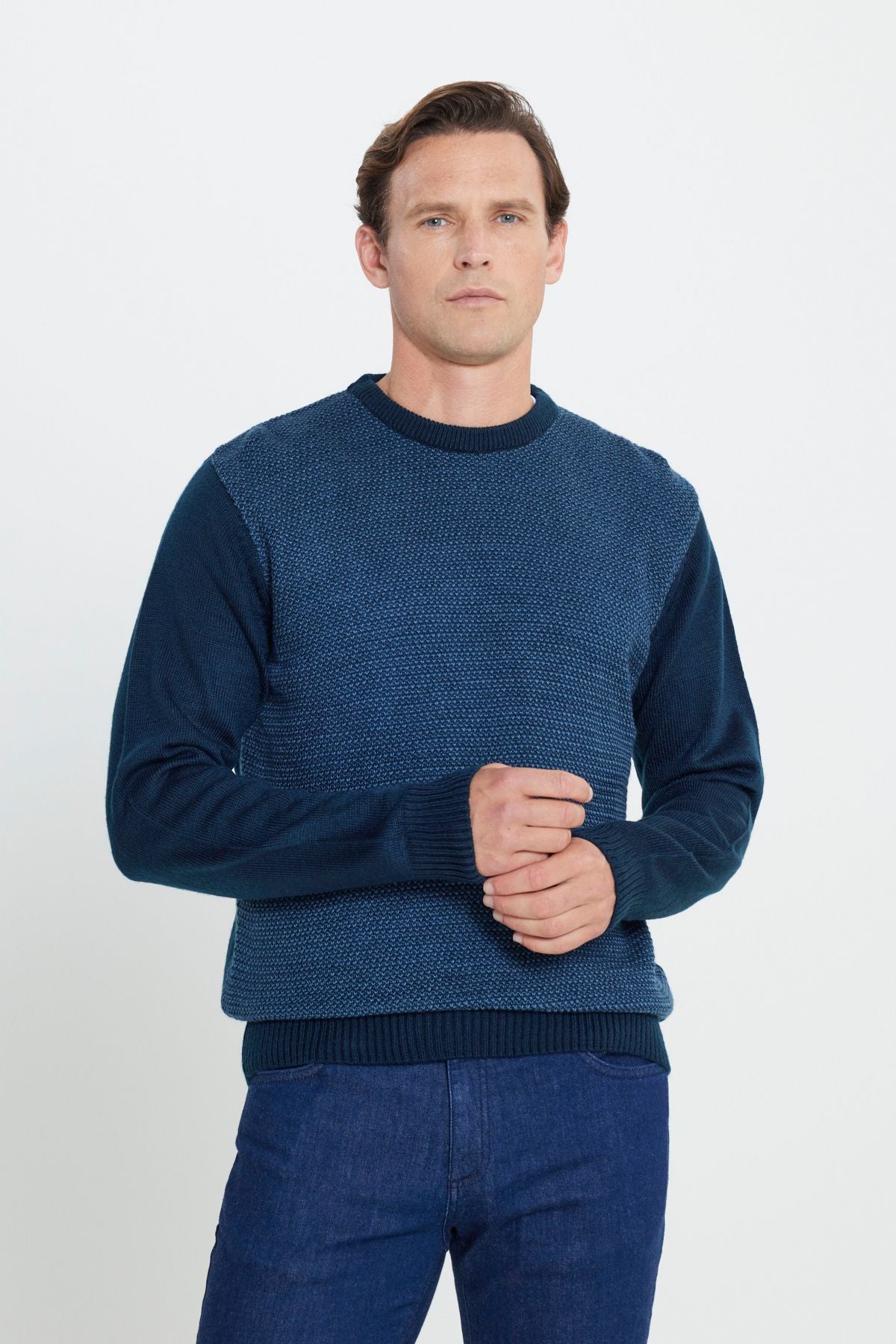 Men's Navy Blue-Blue Standard Fit Normal Cut Bicycle Bike Honeycomb Patterned Knitwear Kazakh