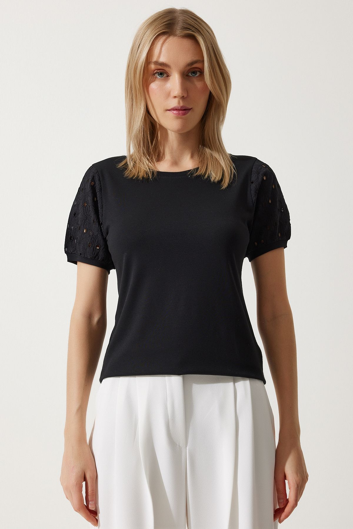 Female black guipure sleeve cotton basic knitting t-shirt vf00001