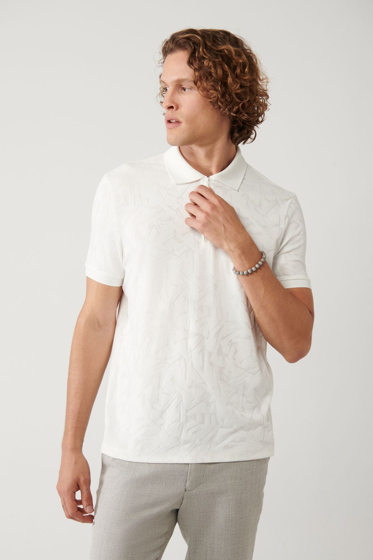 Men's White Zipper Jacquard Polo Yaka T-shirt A41y1118