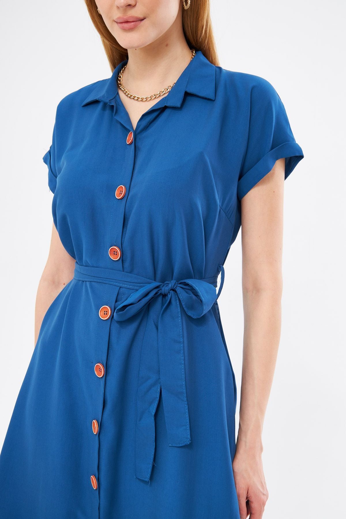 Woman Dark Blue Waist Belt Short Sleeve Shirt Dress ARM-19Y001068