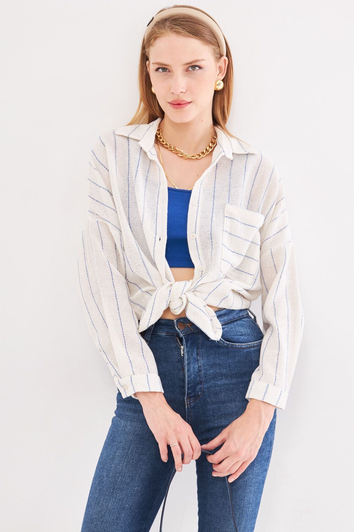 Woman Navy blue Long Sleeve Pocket detailed back Pleeled striped Oversiz shirt ARM-24Y001053