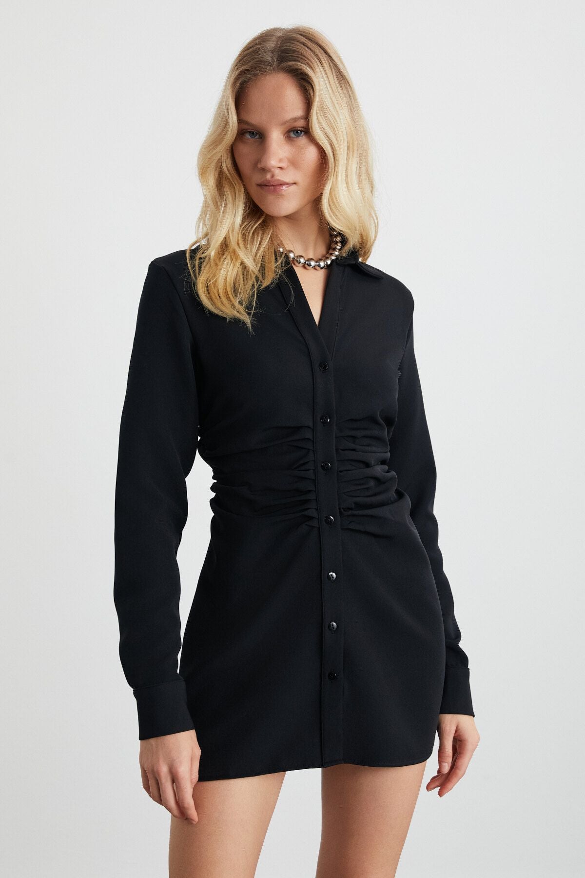 Rhea Woman Woven Crepe Fabric Shirt Dress Style Drape Black Dress