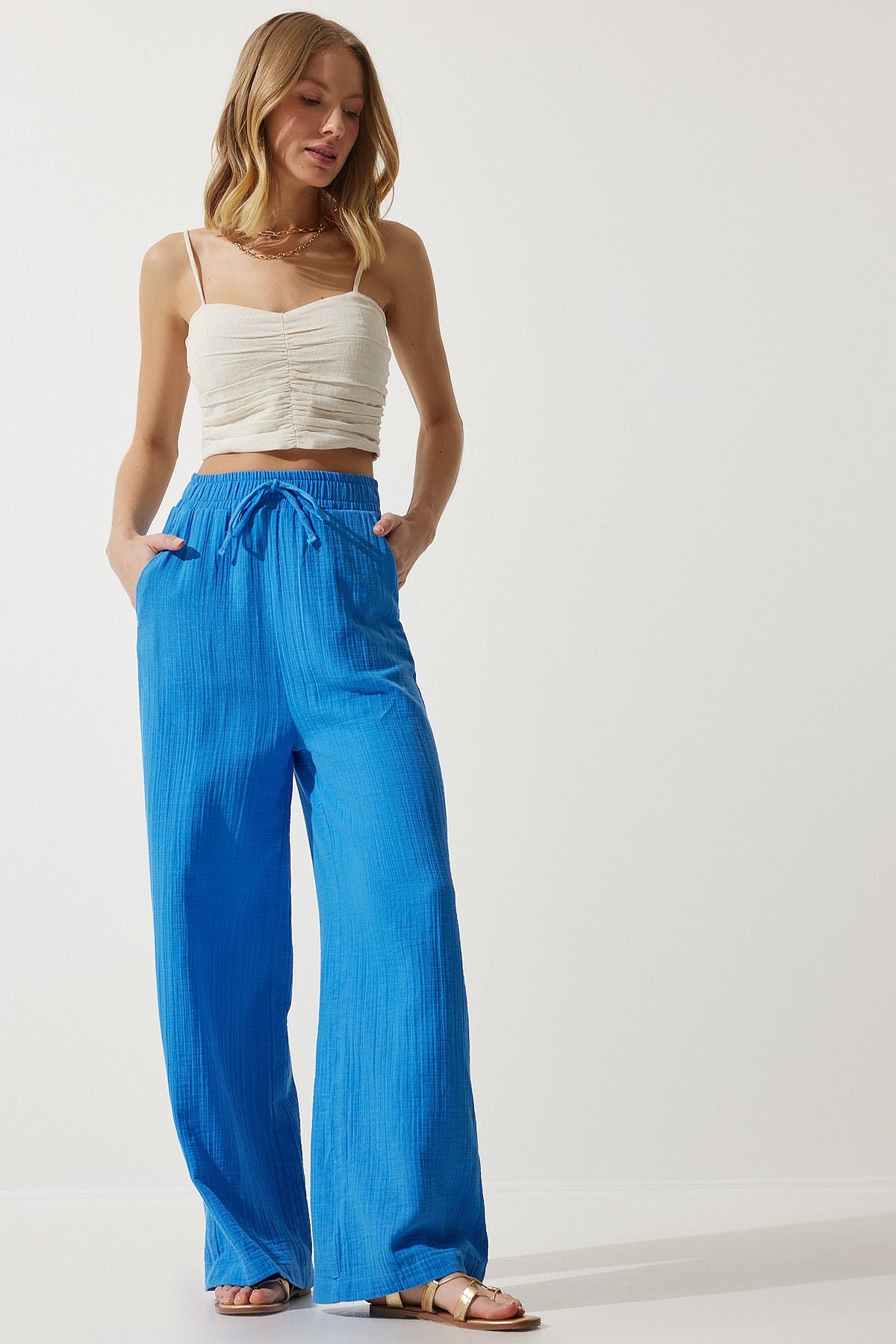 Woman Blue Muslin Palazzo Pants MX00160