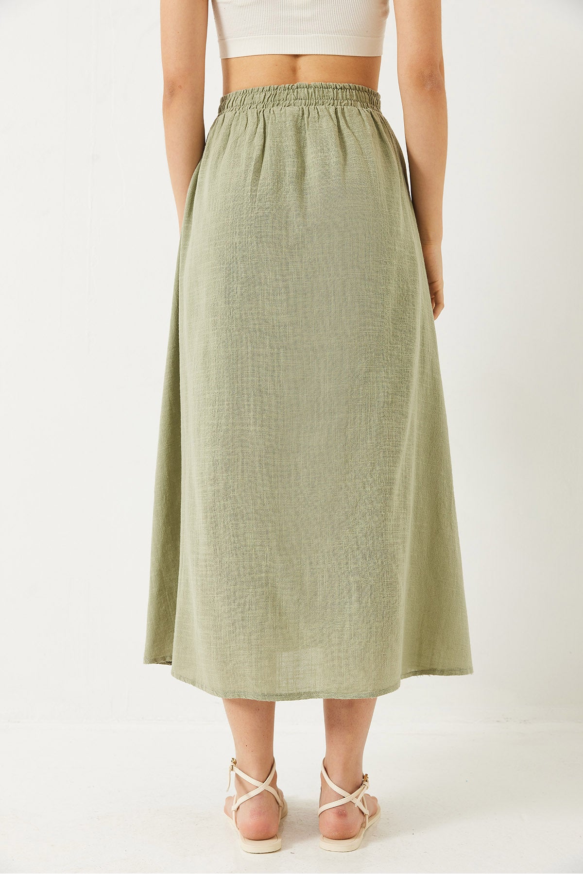 Women's Button Detailed, Elastic Waist, Short Lined Linen Skirt 60261391